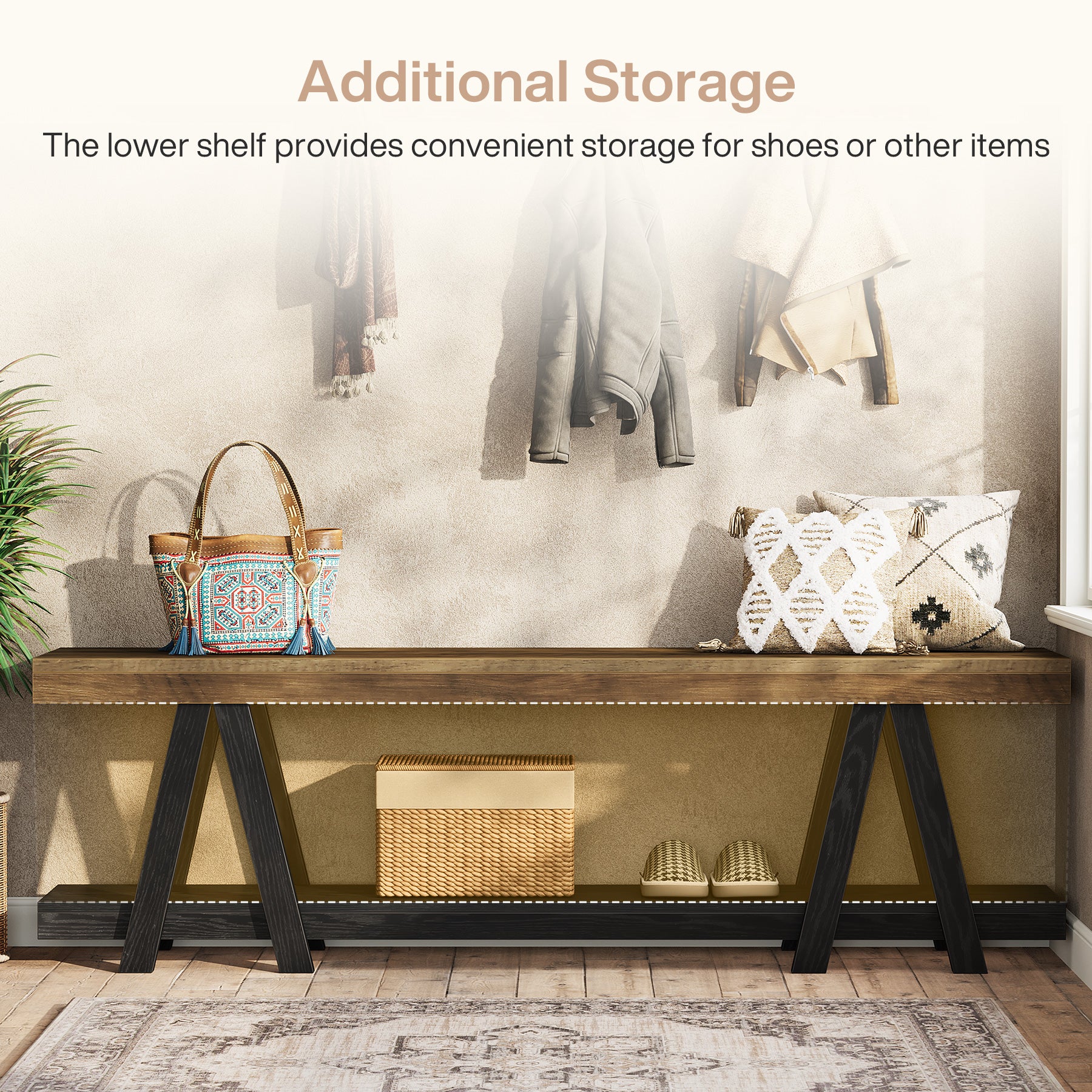 59.05" Entryway Bench with Shoe Storage, 2-Tier End of Bed Bench with Shelves - Image 7