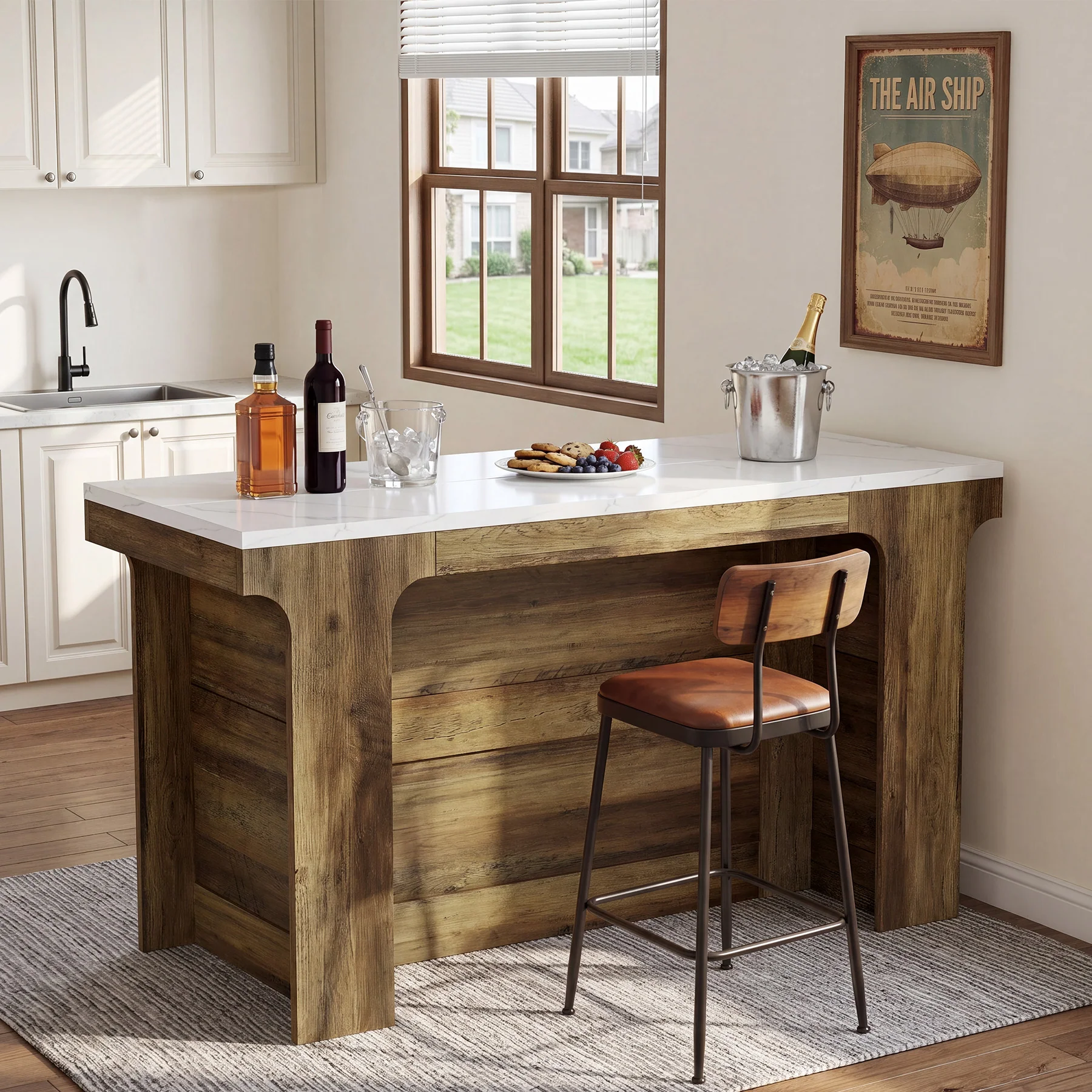 59'' Bar Table, Modern Counter Height Table with Faux Marble Top for Kitchen, Bistro - Image 4