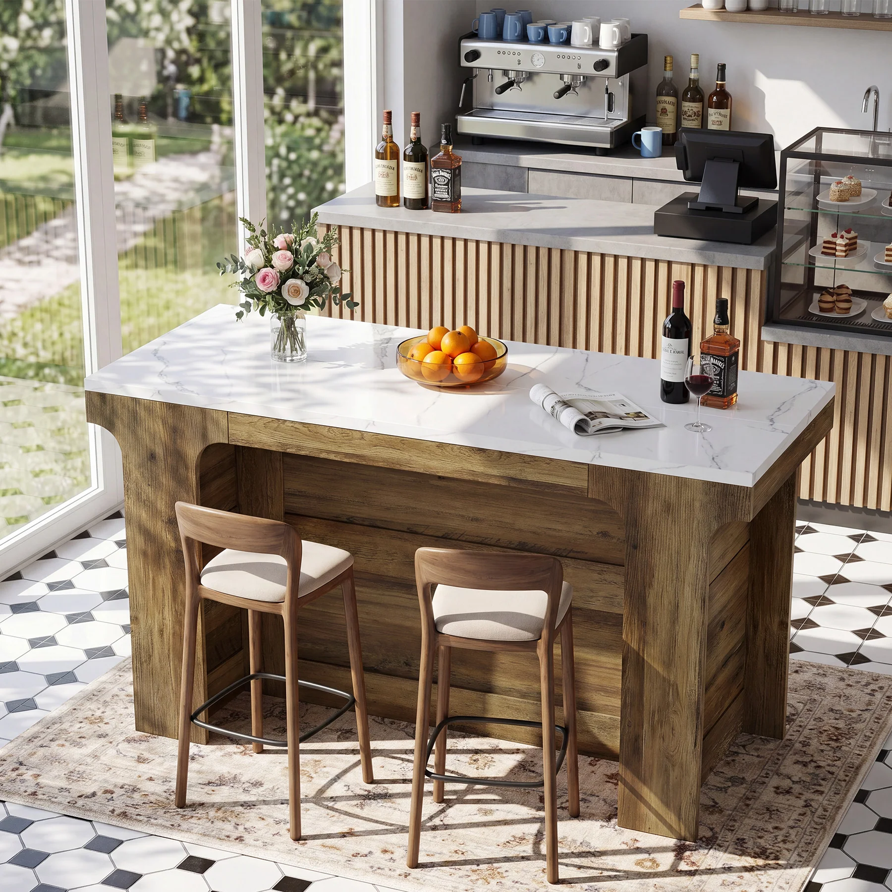59'' Bar Table, Modern Counter Height Table with Faux Marble Top for Kitchen, Bistro - Image 5