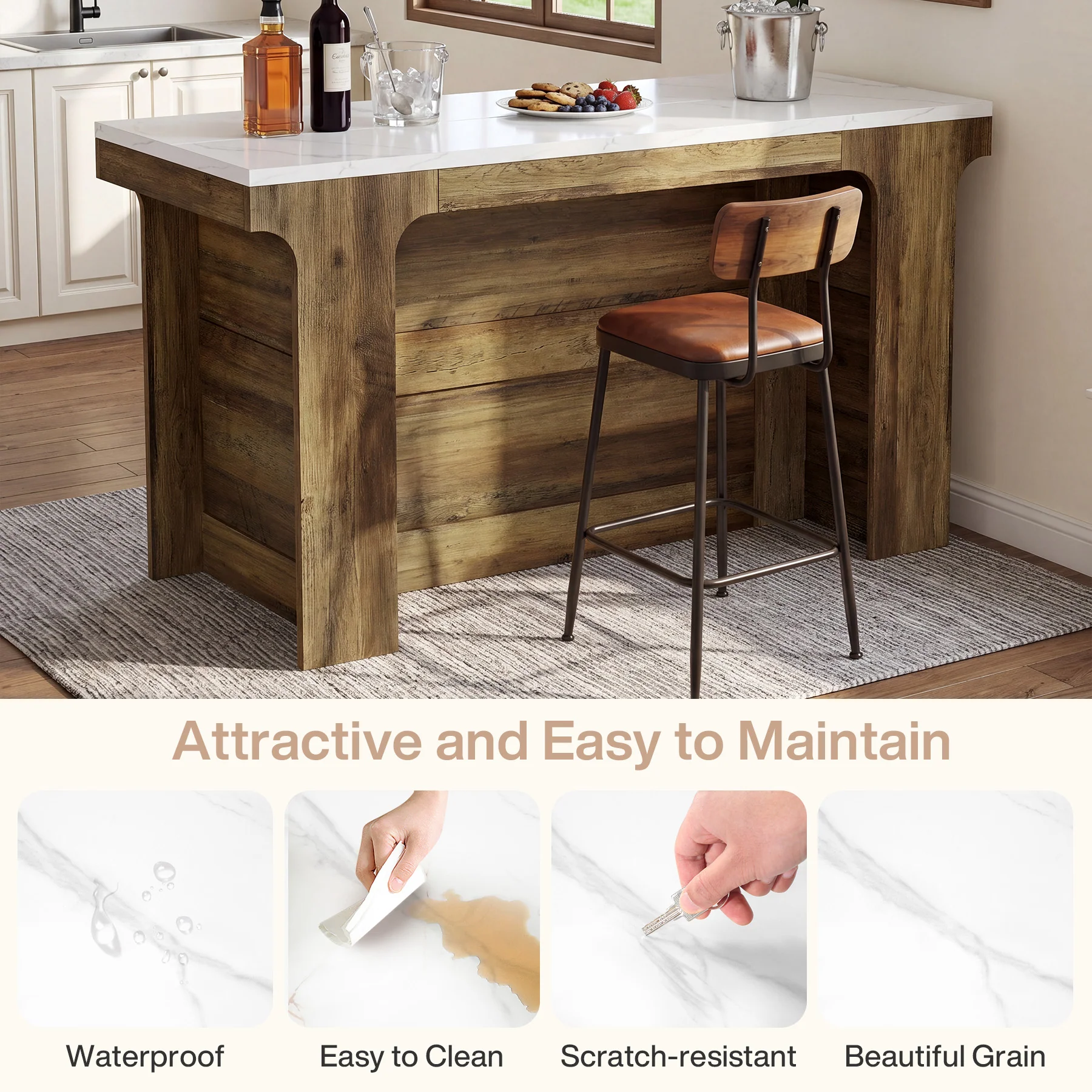 59'' Bar Table, Modern Counter Height Table with Faux Marble Top for Kitchen, Bistro - Image 6