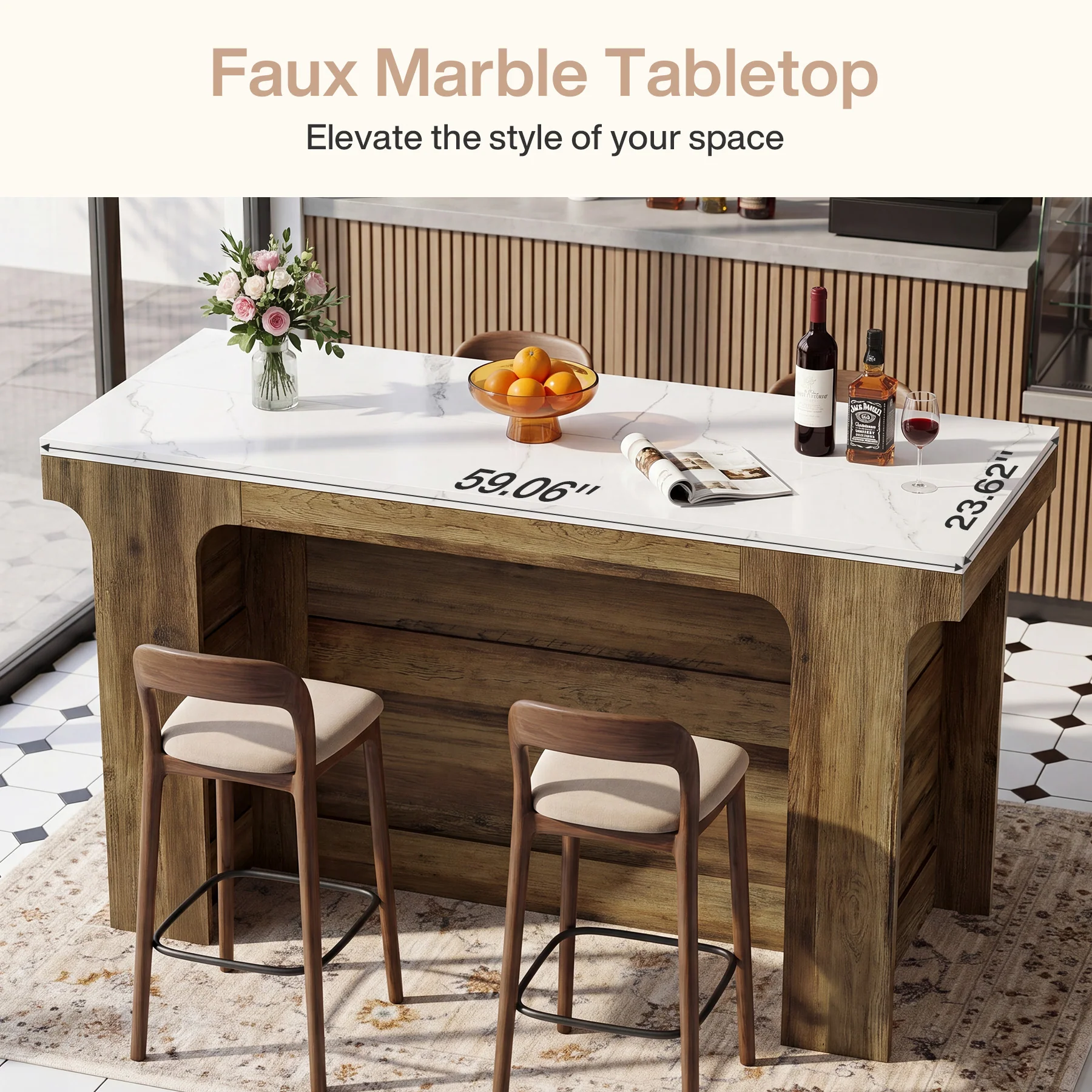 59'' Bar Table, Modern Counter Height Table with Faux Marble Top for Kitchen, Bistro - Image 7