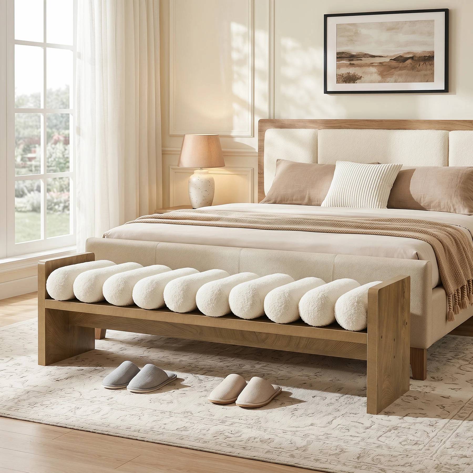 59'' Entryway Bench with Boucle Cushion, Upholstered Fabric End of Bed Bench for Hallway - Image 5