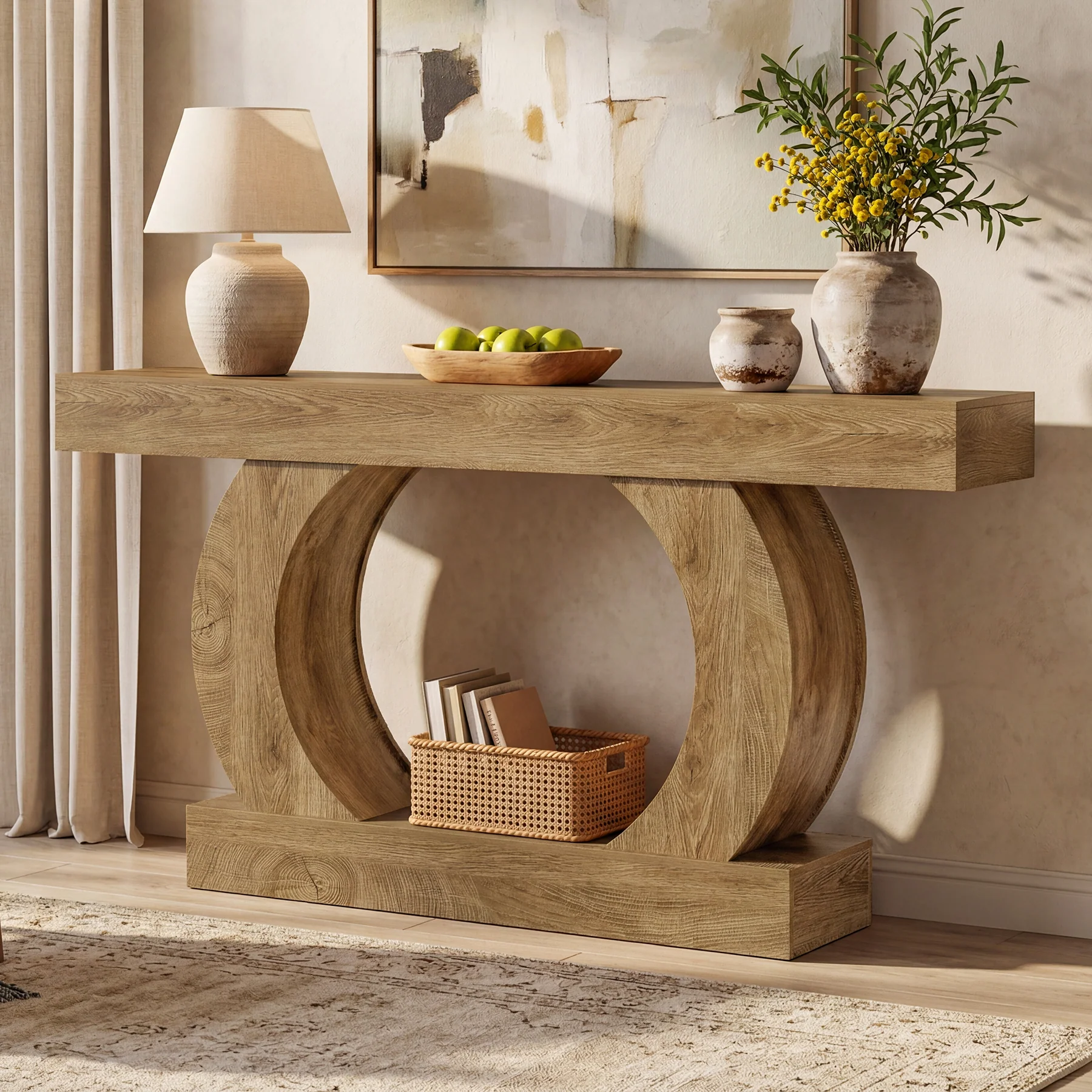Farmhouse Console Table, 59" Entryway Table with Unique Circular Base for Hallway