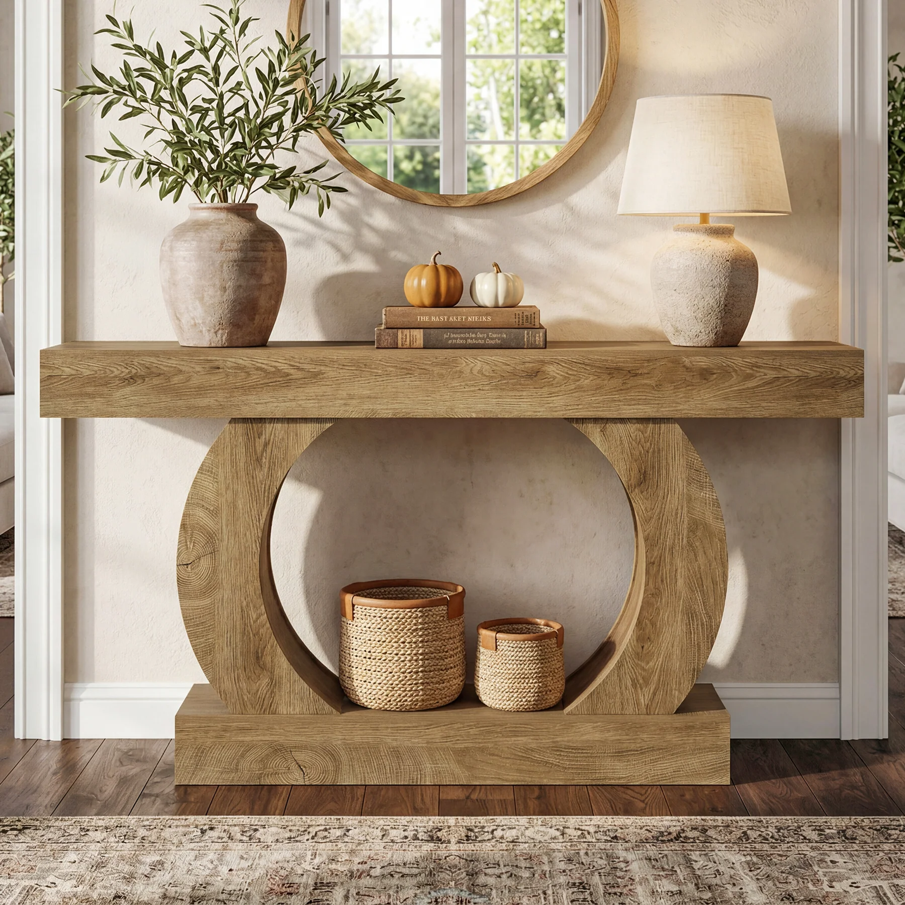 Farmhouse Console Table, 59" Entryway Table with Unique Circular Base for Hallway - Image 5