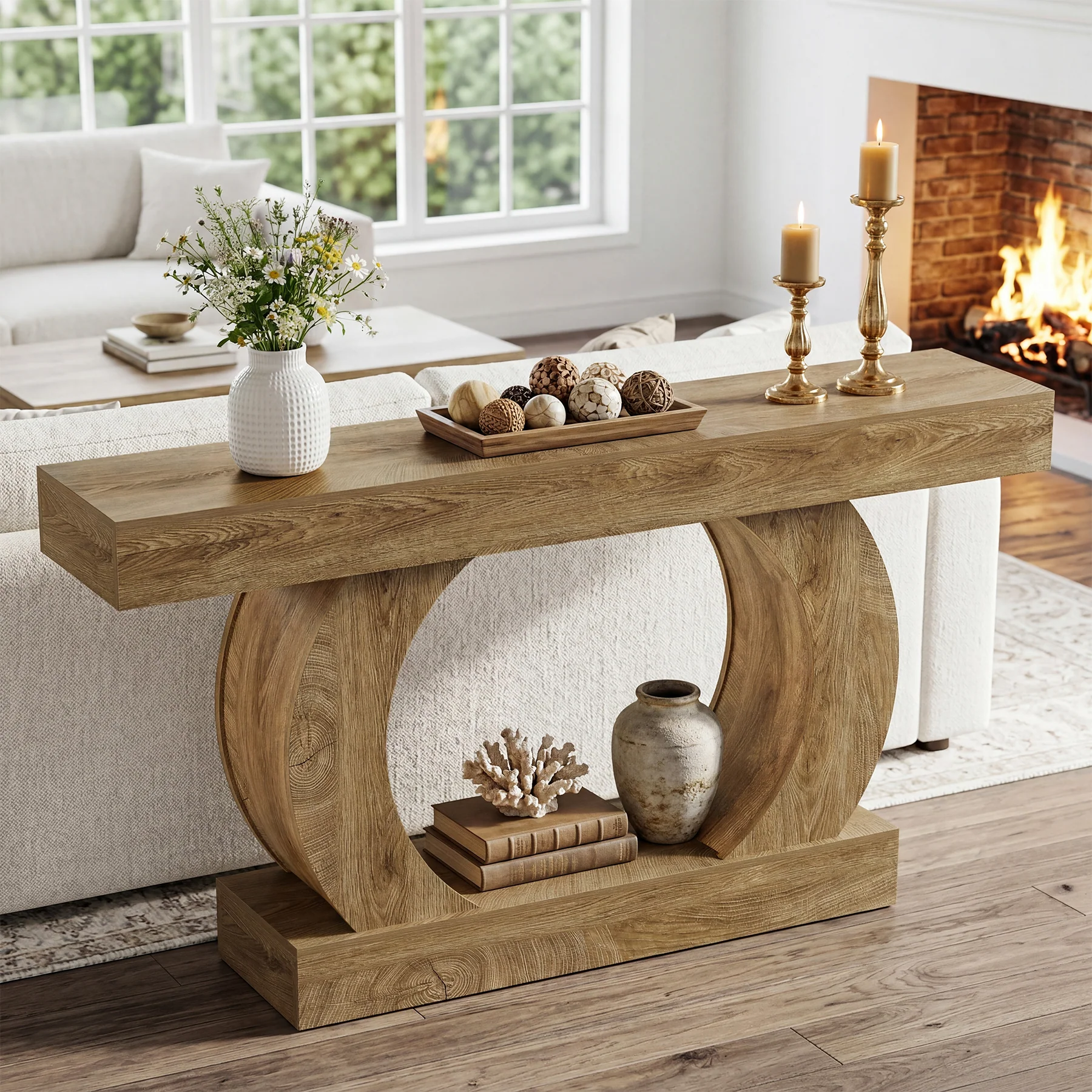 Farmhouse Console Table, 59" Entryway Table with Unique Circular Base for Hallway - Image 6
