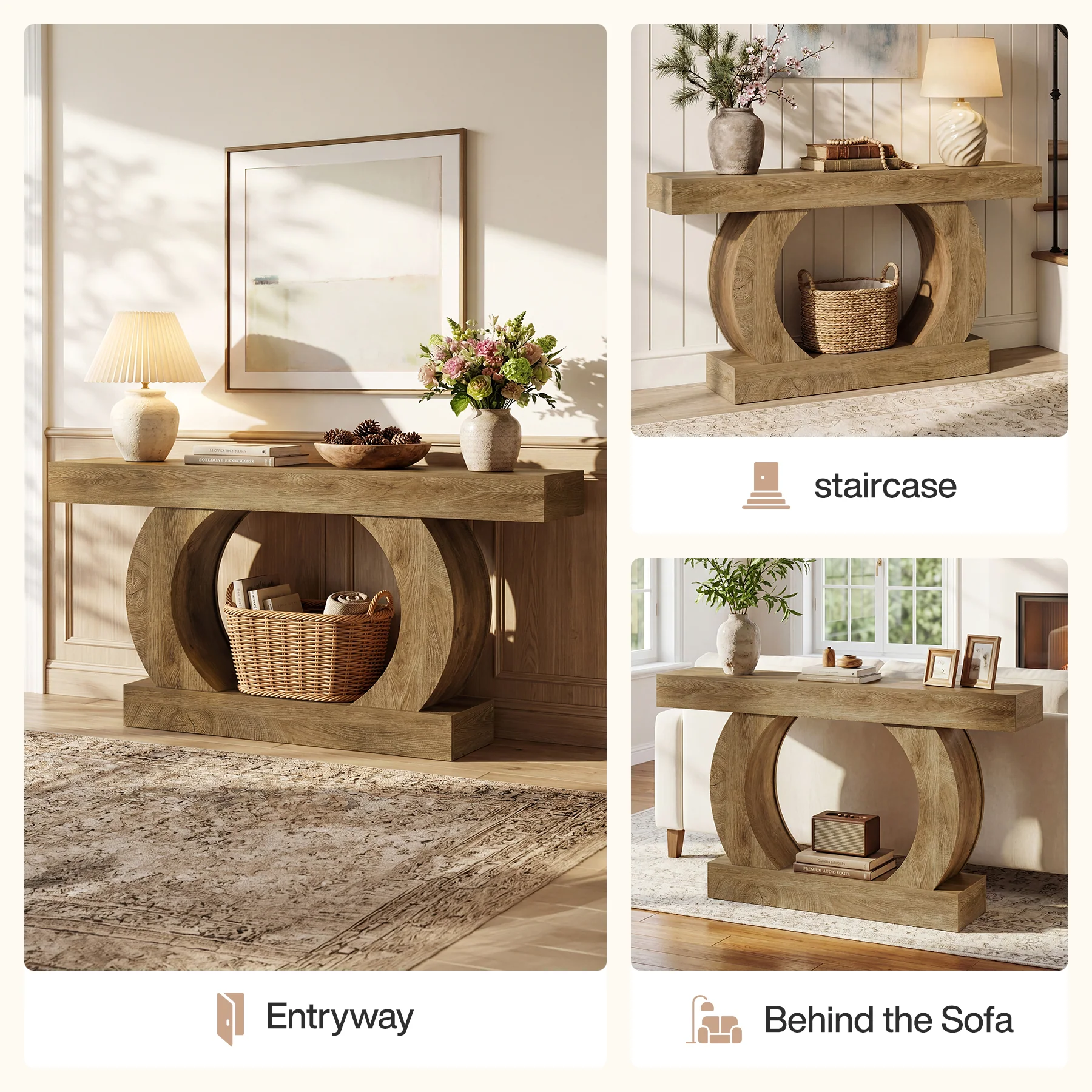 Farmhouse Console Table, 59" Entryway Table with Unique Circular Base for Hallway - Image 8