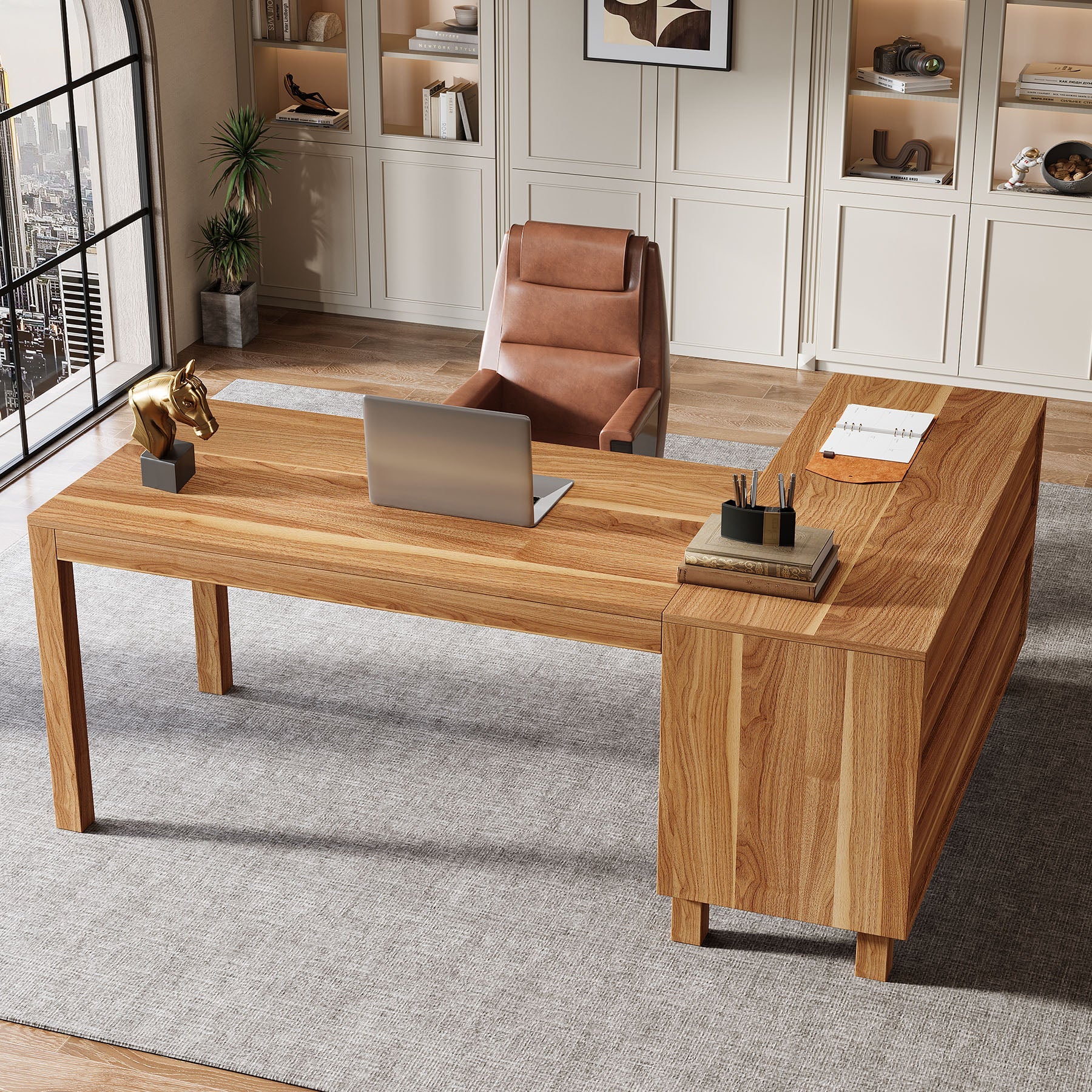 59" L-Shaped Executive Desk, Computer Desk Home Office Desk With Storage Cabinet - Image 4
