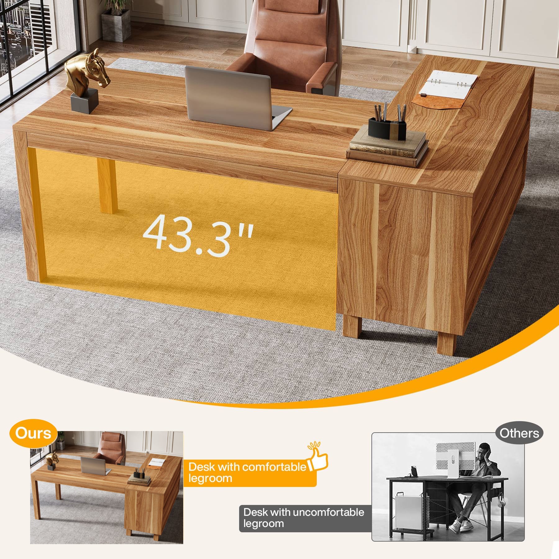 59" L-Shaped Executive Desk, Computer Desk Home Office Desk With Storage Cabinet - Image 9