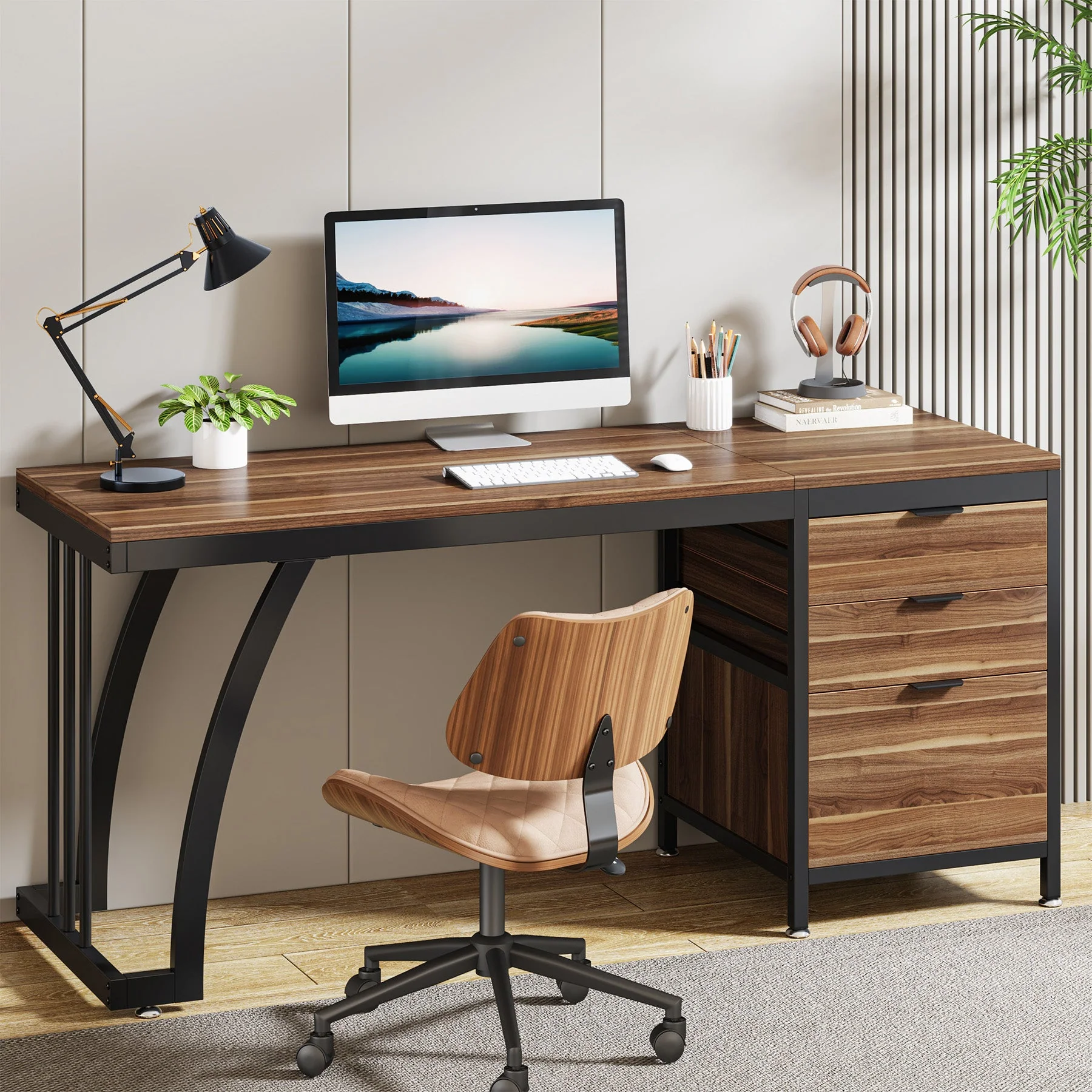 Industrial Computer Desk, 59" Study Desk with Reversible Drawer Cabinet - Image 10