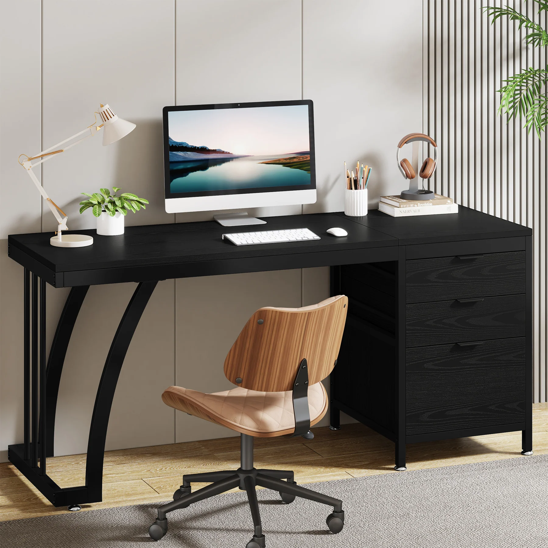 Industrial Computer Desk, 59" Study Desk with Reversible Drawer Cabinet - Image 12