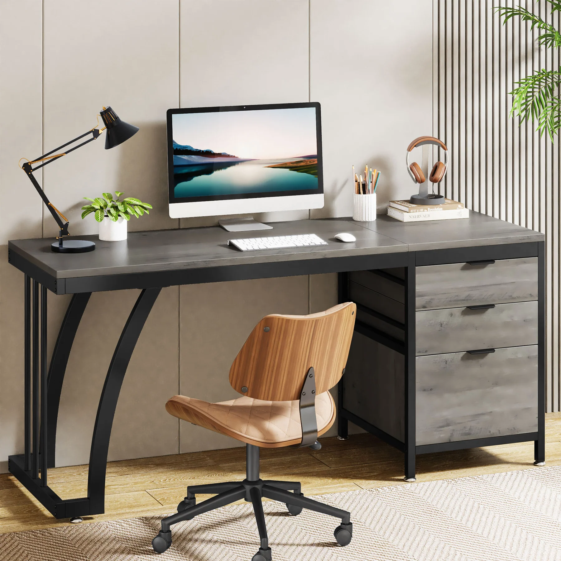 Industrial Computer Desk, 59" Study Desk with Reversible Drawer Cabinet - Image 15