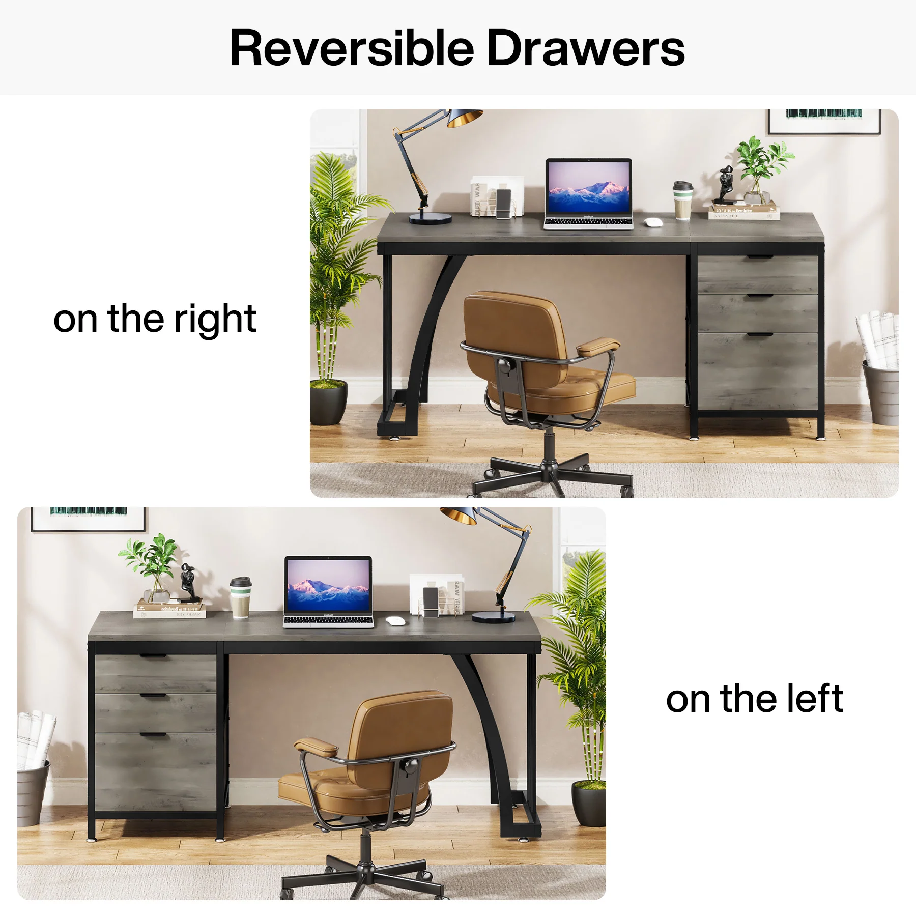 Industrial Computer Desk, 59" Study Desk with Reversible Drawer Cabinet - Image 16