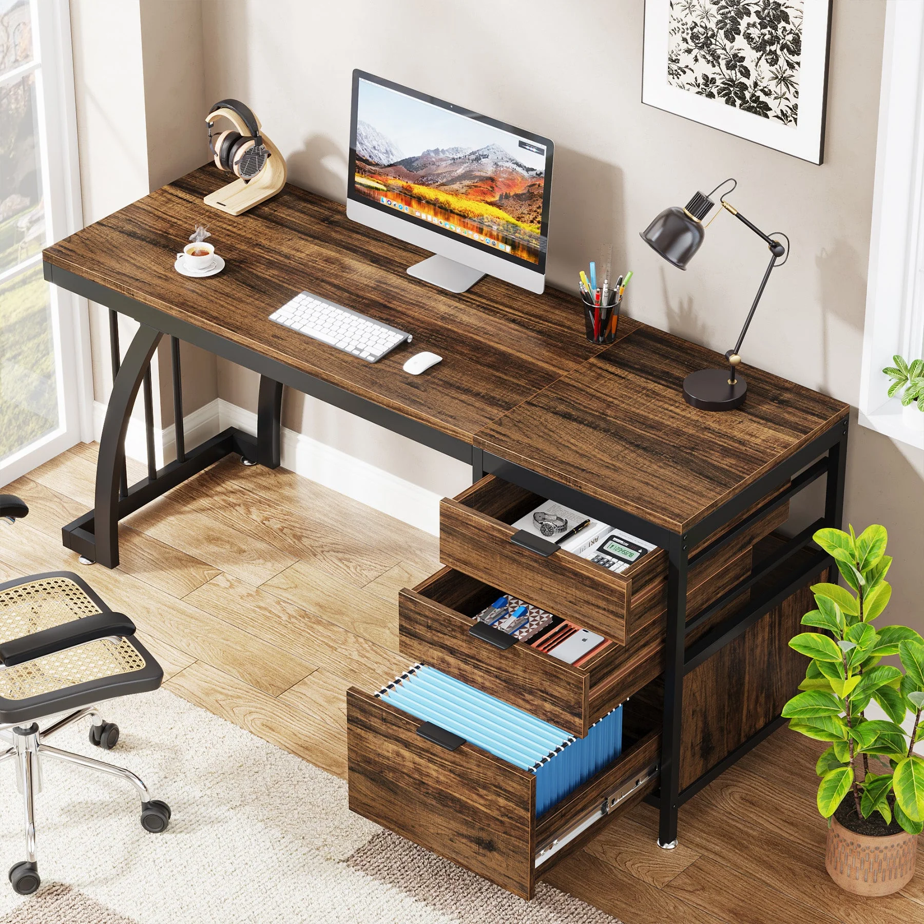 Industrial Computer Desk, 59" Study Desk with Reversible Drawer Cabinet - Image 6