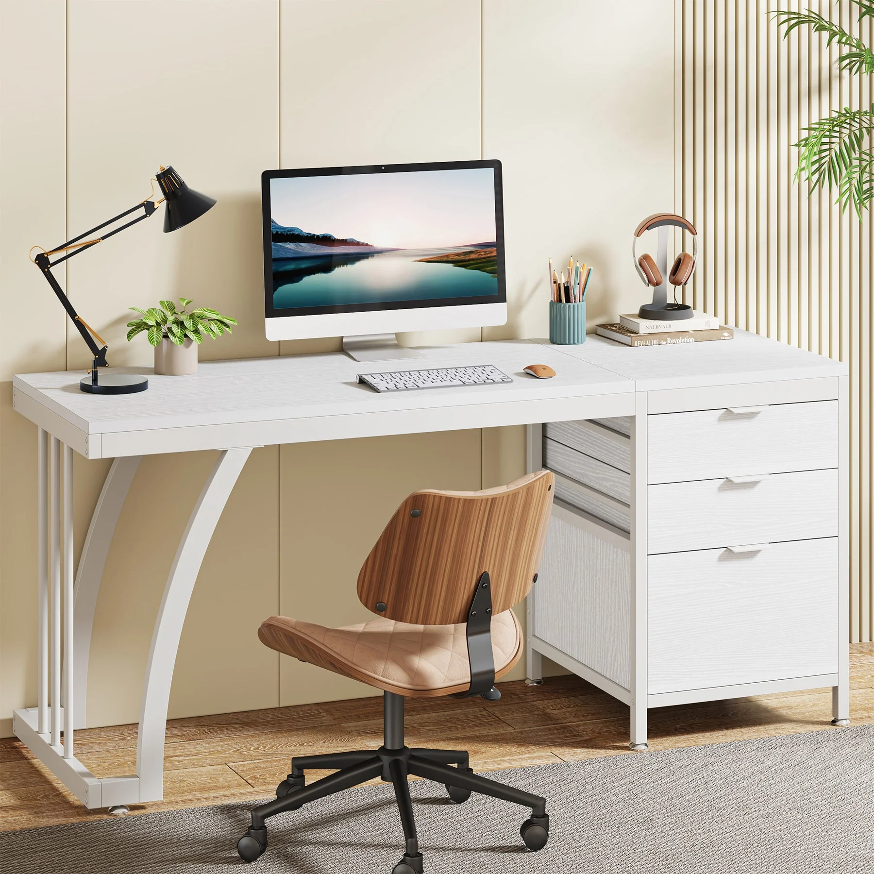 Industrial Computer Desk, 59" Study Desk with Reversible Drawer Cabinet - Image 8
