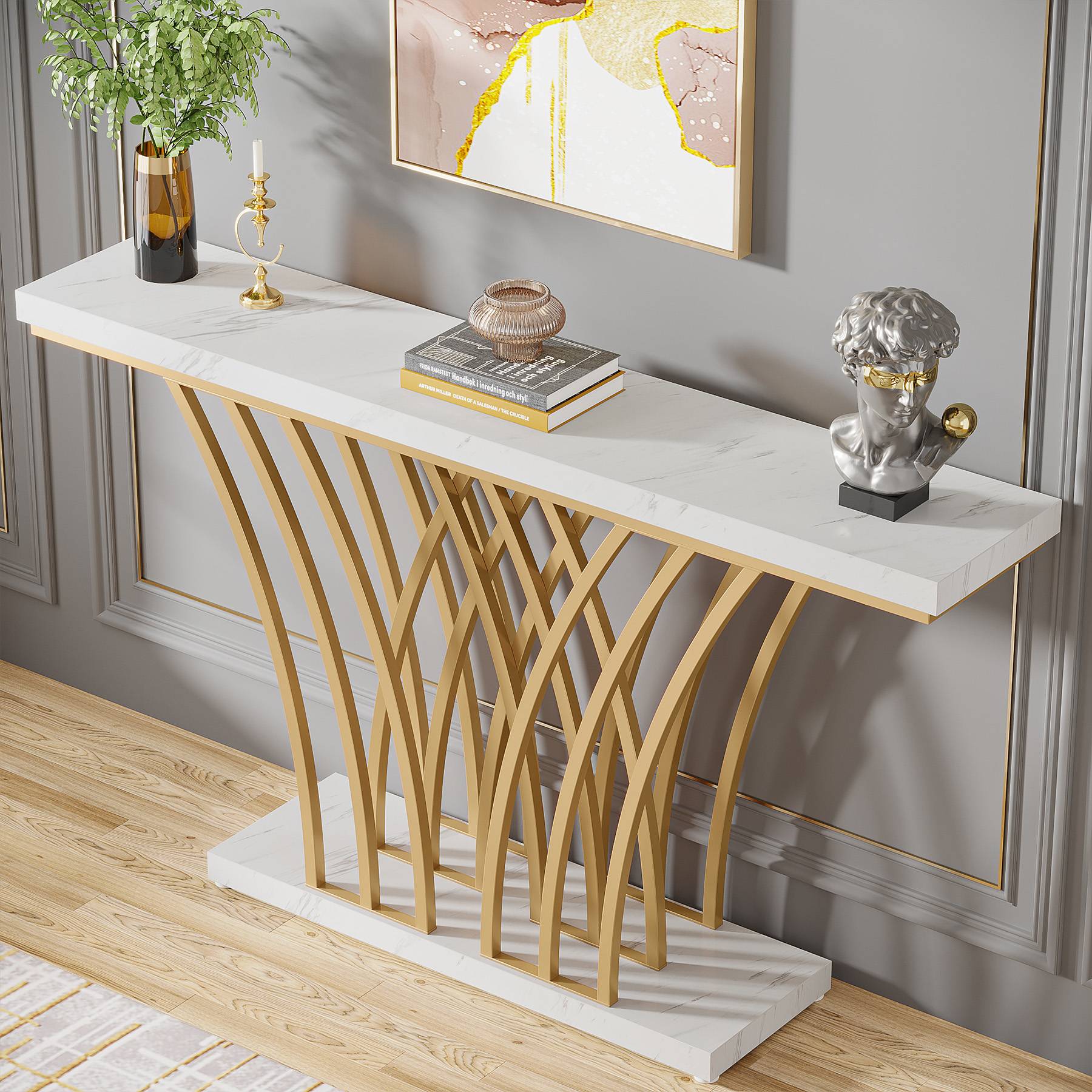 59 " Faux Marble Console Table with Geometric Metal Base - Image 5