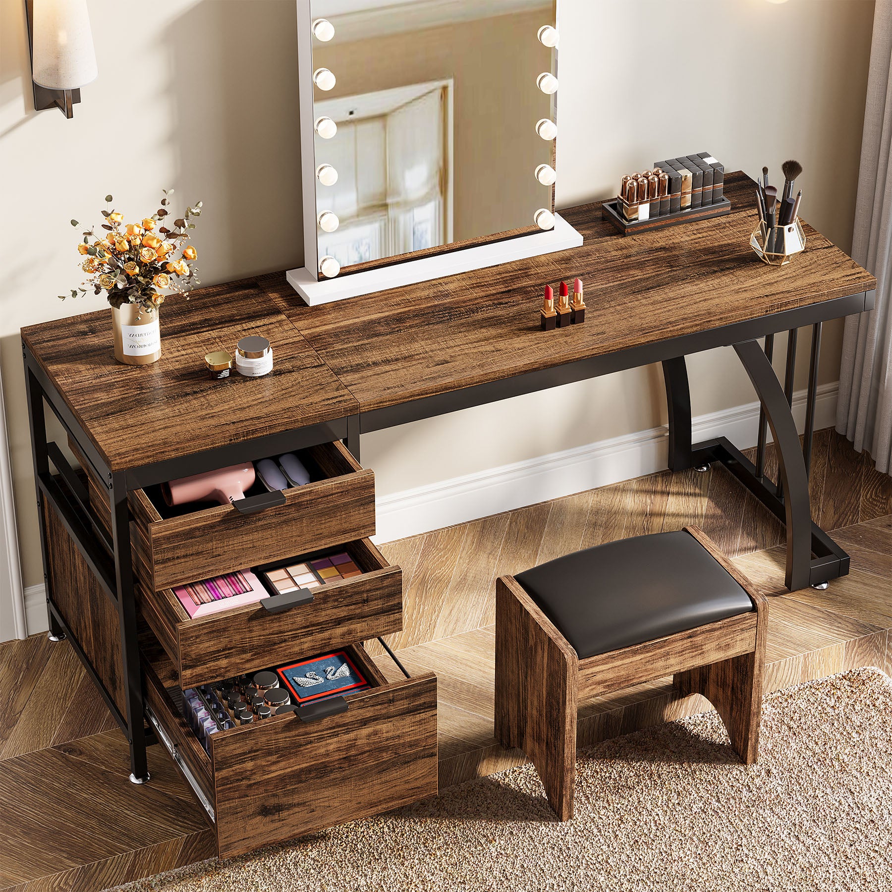 3-Drawer Makeup Vanity Desk, 59" Dressing Table with Reversible Drawers (Only Desk) - Image 6