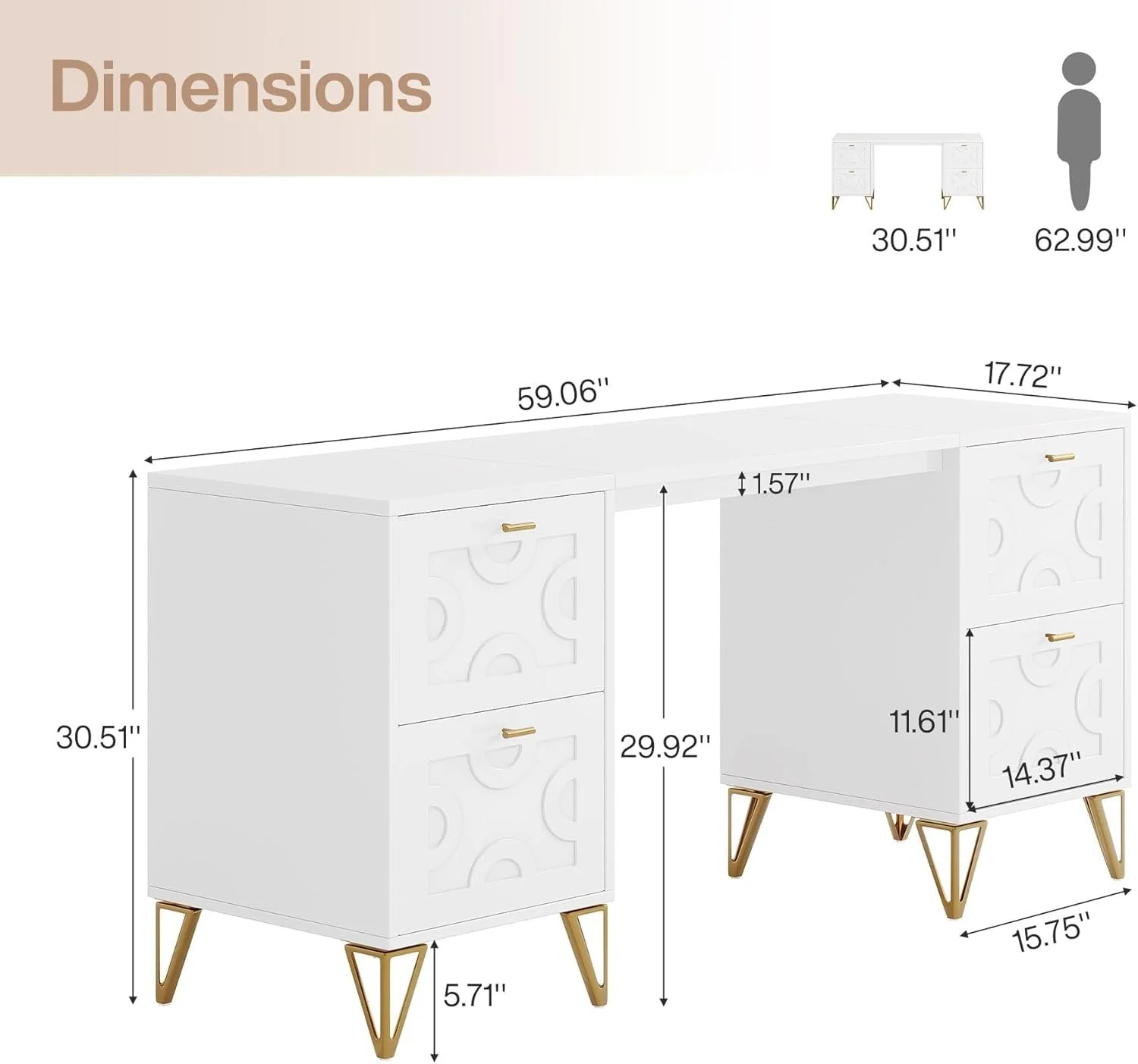 59" Makeup Vanity Desk, Modern Dressing Table with 4 Drawers (Without Mirror) - Image 2