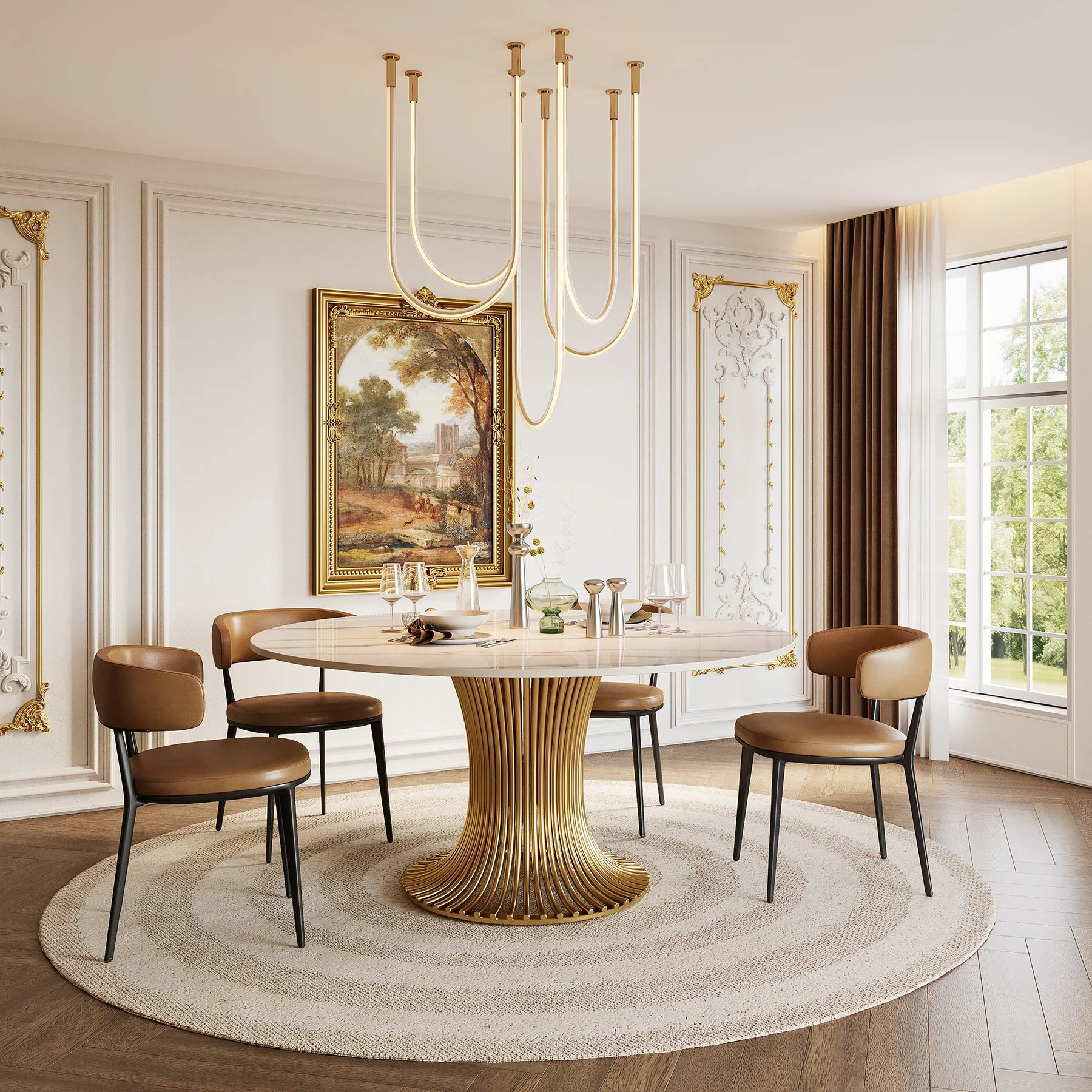 59" Round Stone Dining Table for 6-8, Gold Stainless Steel Pedestal - Image 3