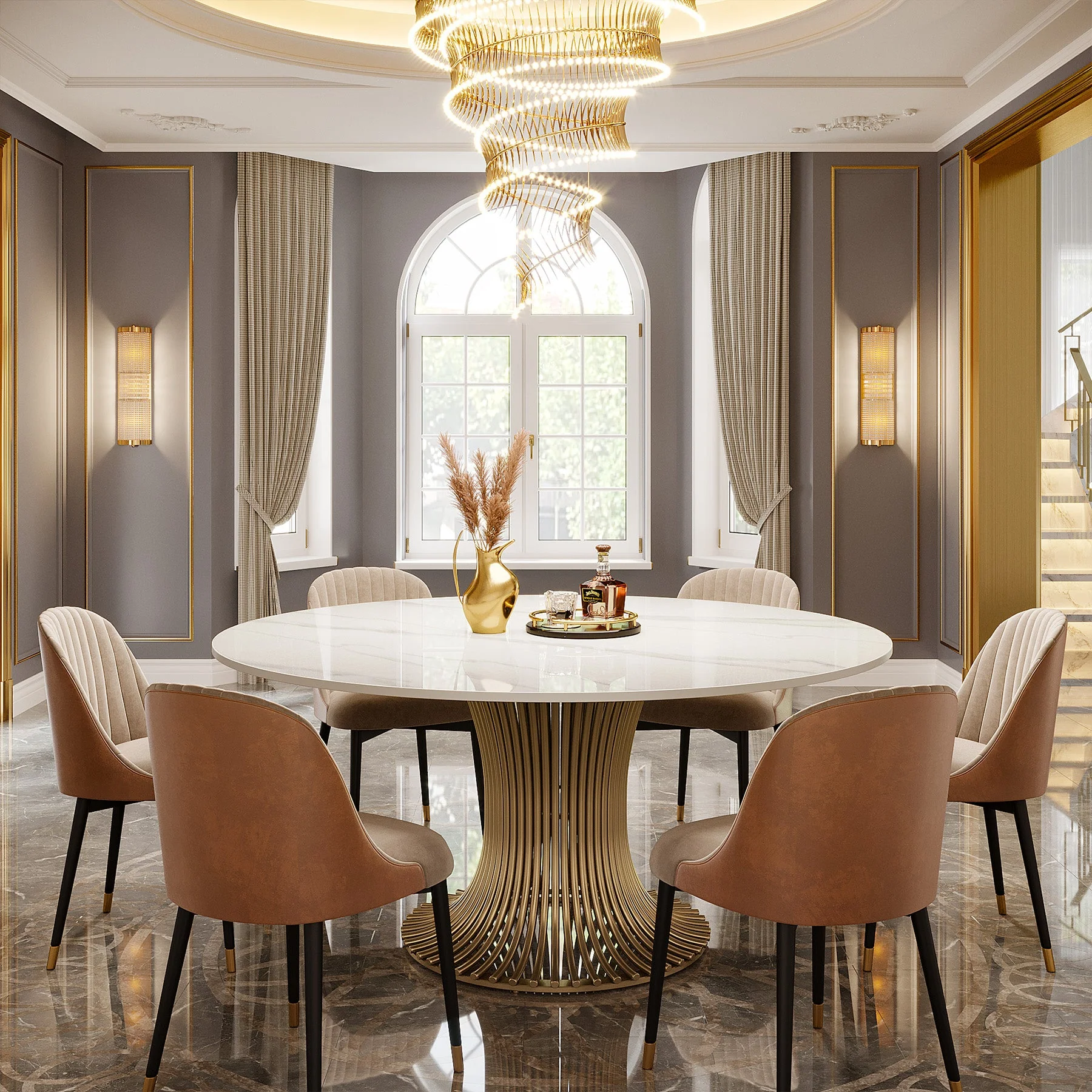 59" Round Stone Dining Table for 6-8, Gold Stainless Steel Pedestal - Image 4