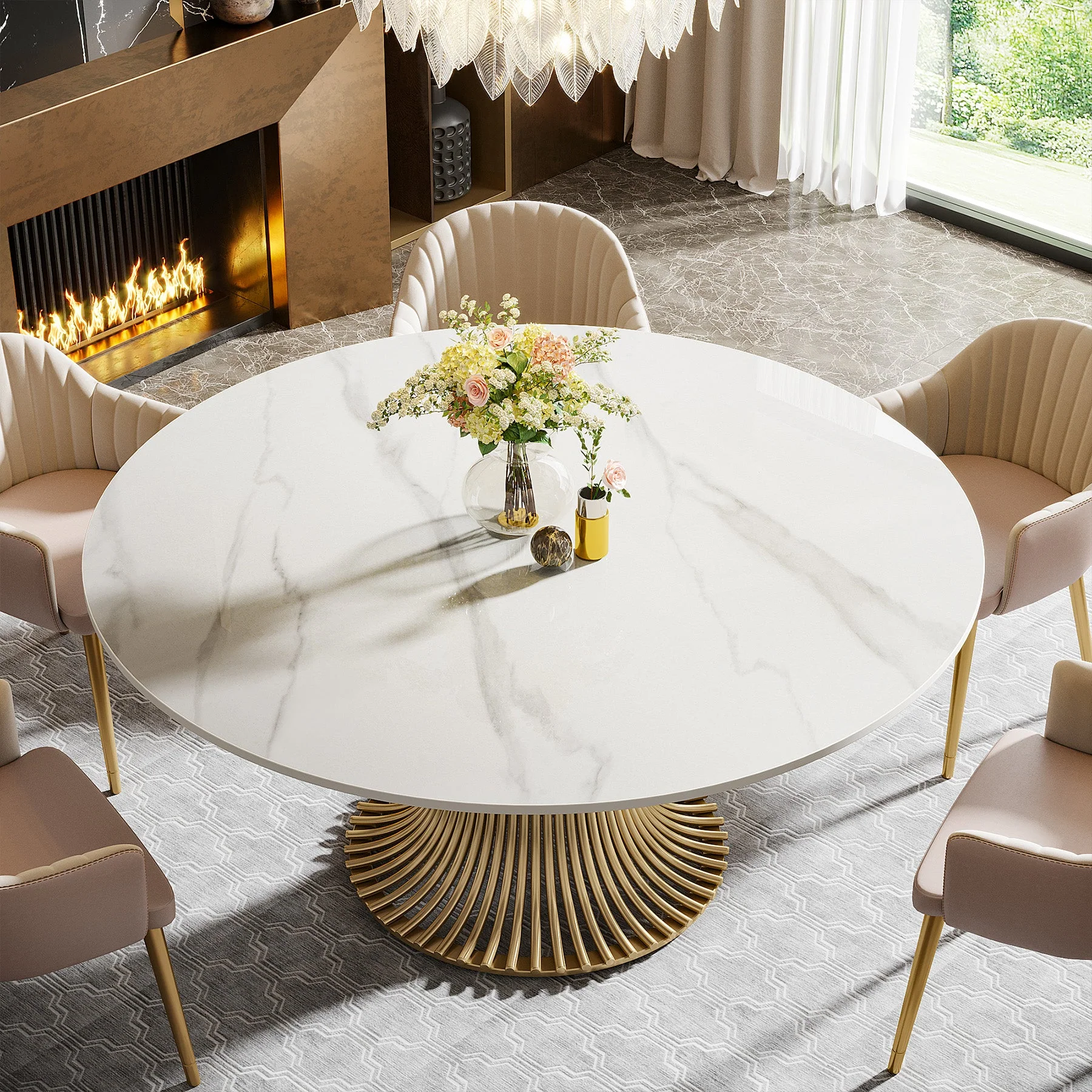 59" Round Stone Dining Table for 6-8, Gold Stainless Steel Pedestal - Image 5