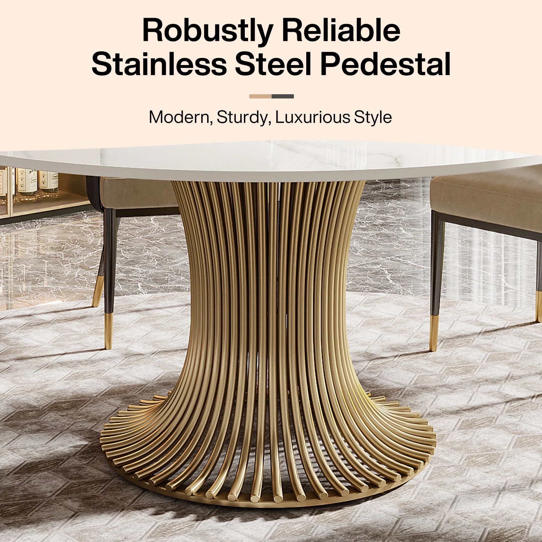 59" Round Stone Dining Table for 6-8, Gold Stainless Steel Pedestal - Image 6