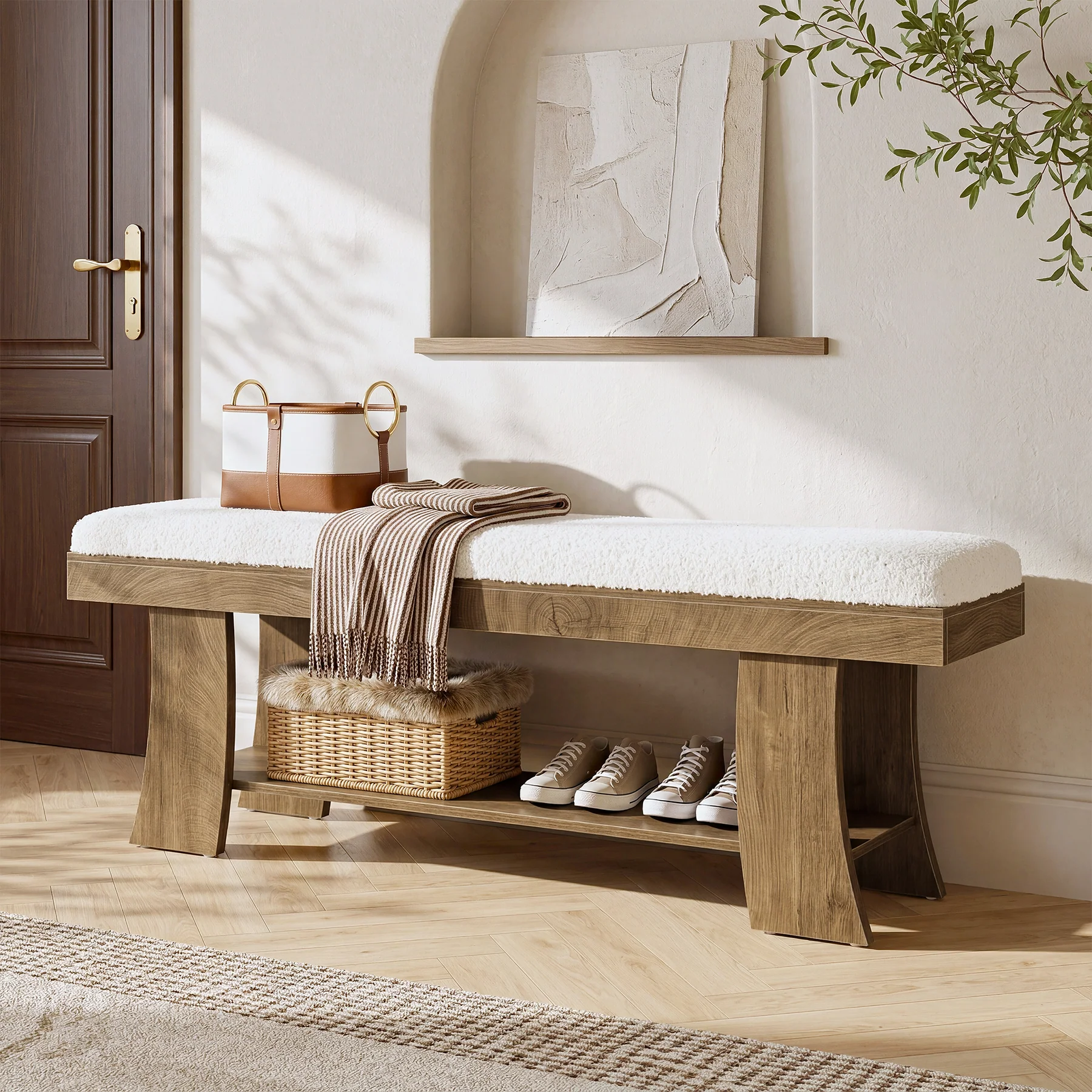 59" Upholstered Entryway Bench, Cushioned Shoe Bench Seat with Storage Shelf