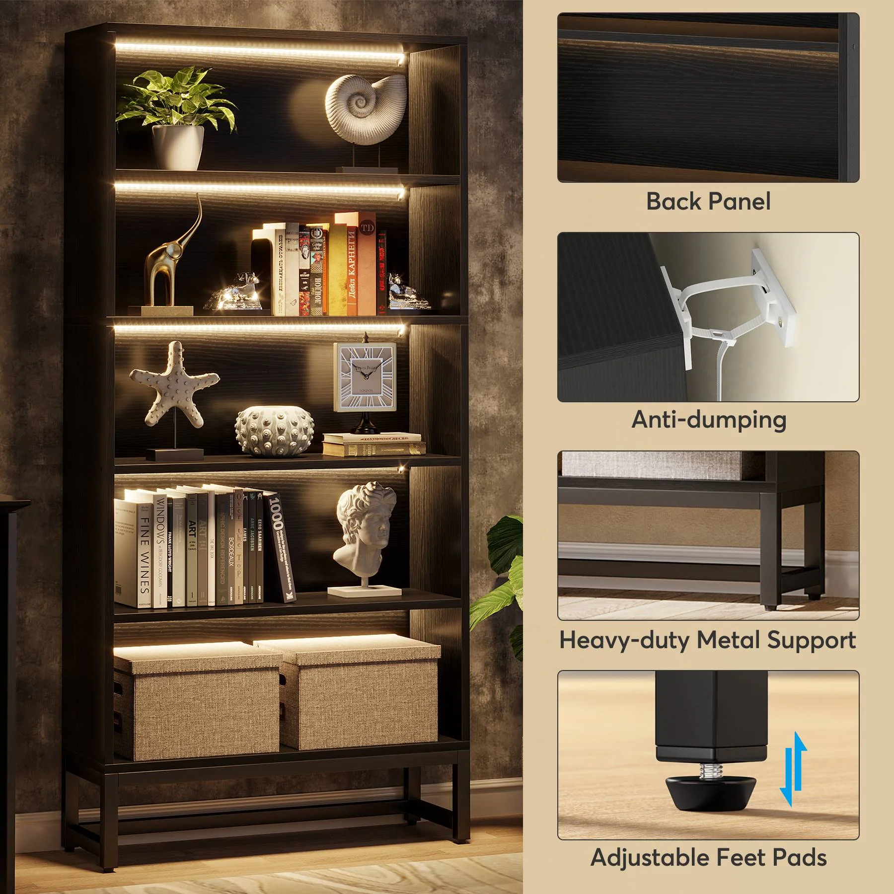 70.8" Bookcase, Large Bookshelf Organizer with 5-Tier Storage Shelves - Image 8