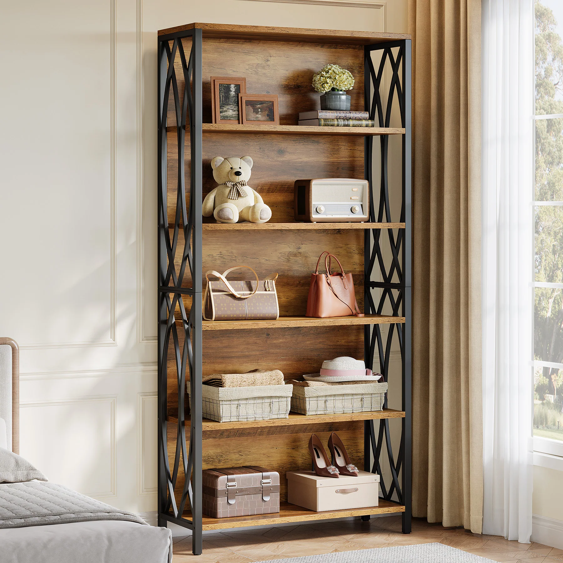 6-Tier Bookshelf, 70.87" Industrial Bookcase with Geometric Metal Frame - Image 3