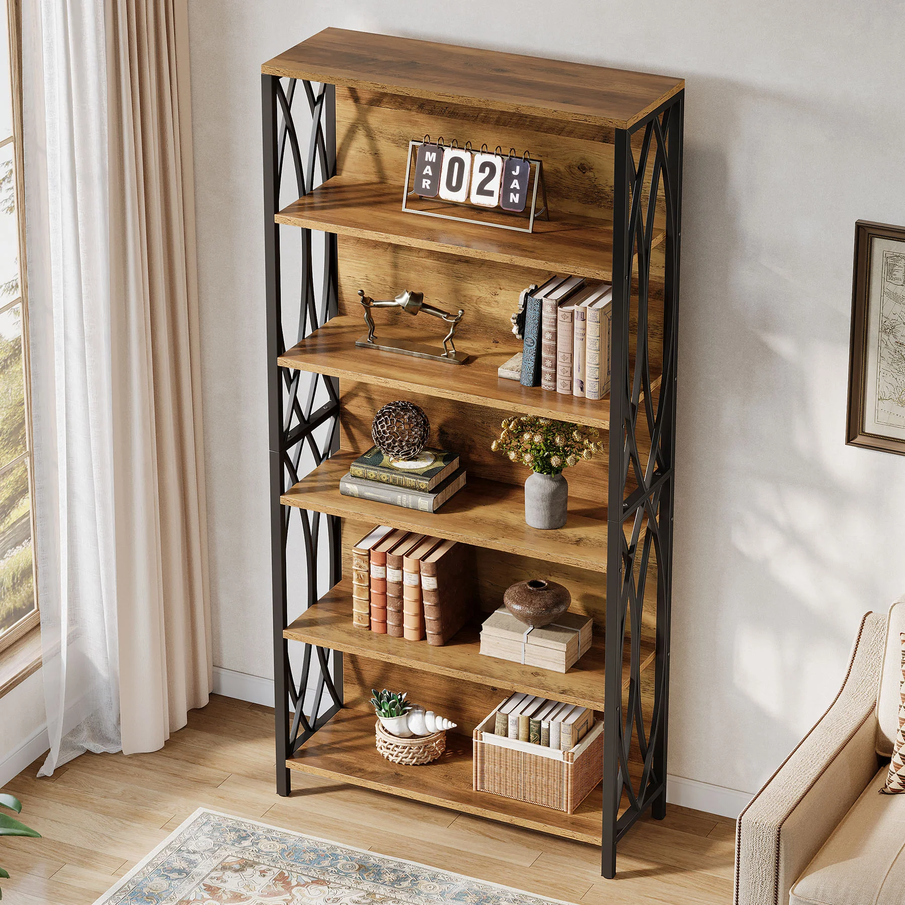 6-Tier Bookshelf, 70.87" Industrial Bookcase with Geometric Metal Frame - Image 4