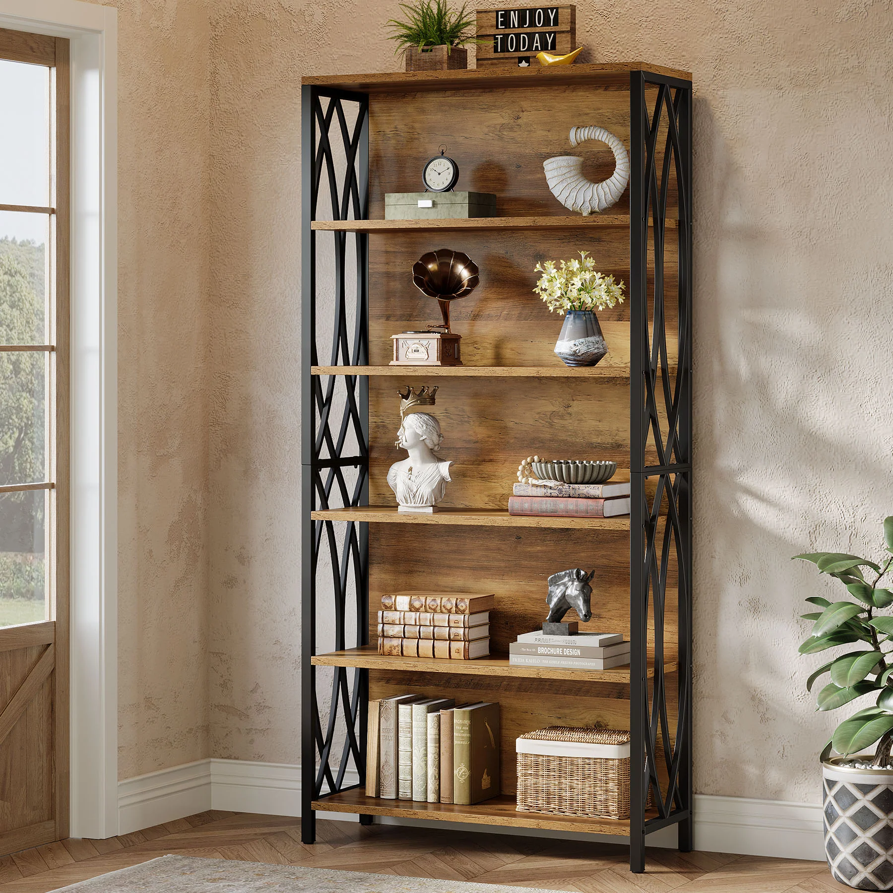 6-Tier Bookshelf, 70.87" Industrial Bookcase with Geometric Metal Frame - Image 5