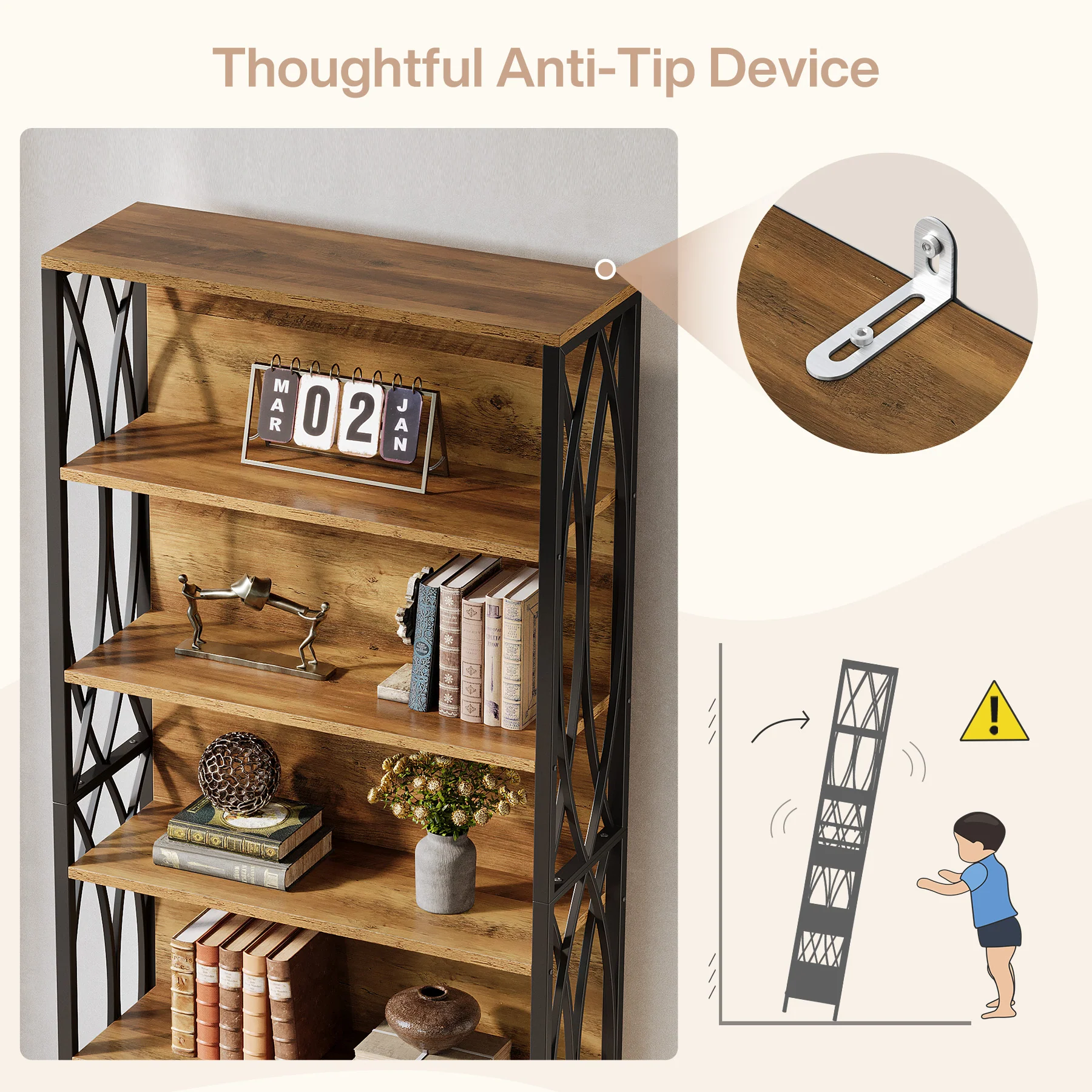 6-Tier Bookshelf, 70.87" Industrial Bookcase with Geometric Metal Frame - Image 7