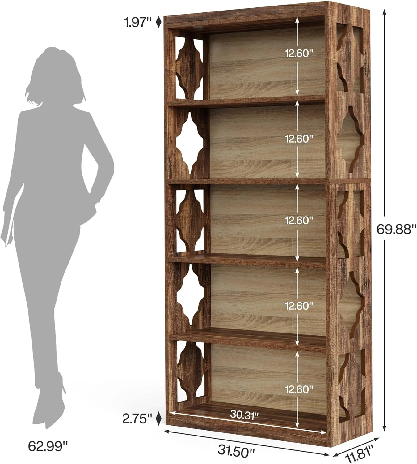 6-Tier Bookshelf, 70-Inch Wood Bookcase with Storage Shelves - Image 2