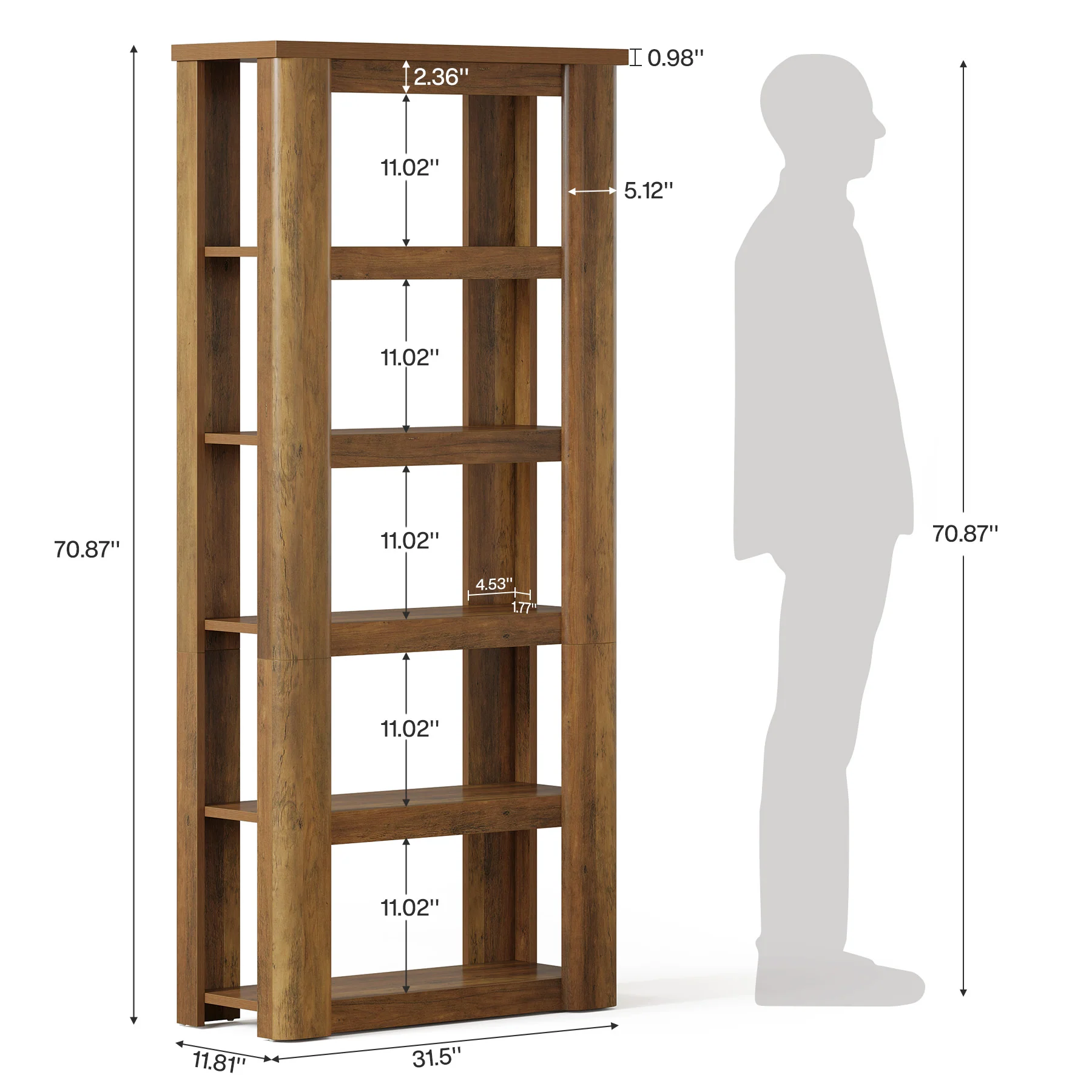 6-Tier Bookshelf, 71" Tall Bookcase Floor Standing Display Storage Shelves - Image 2