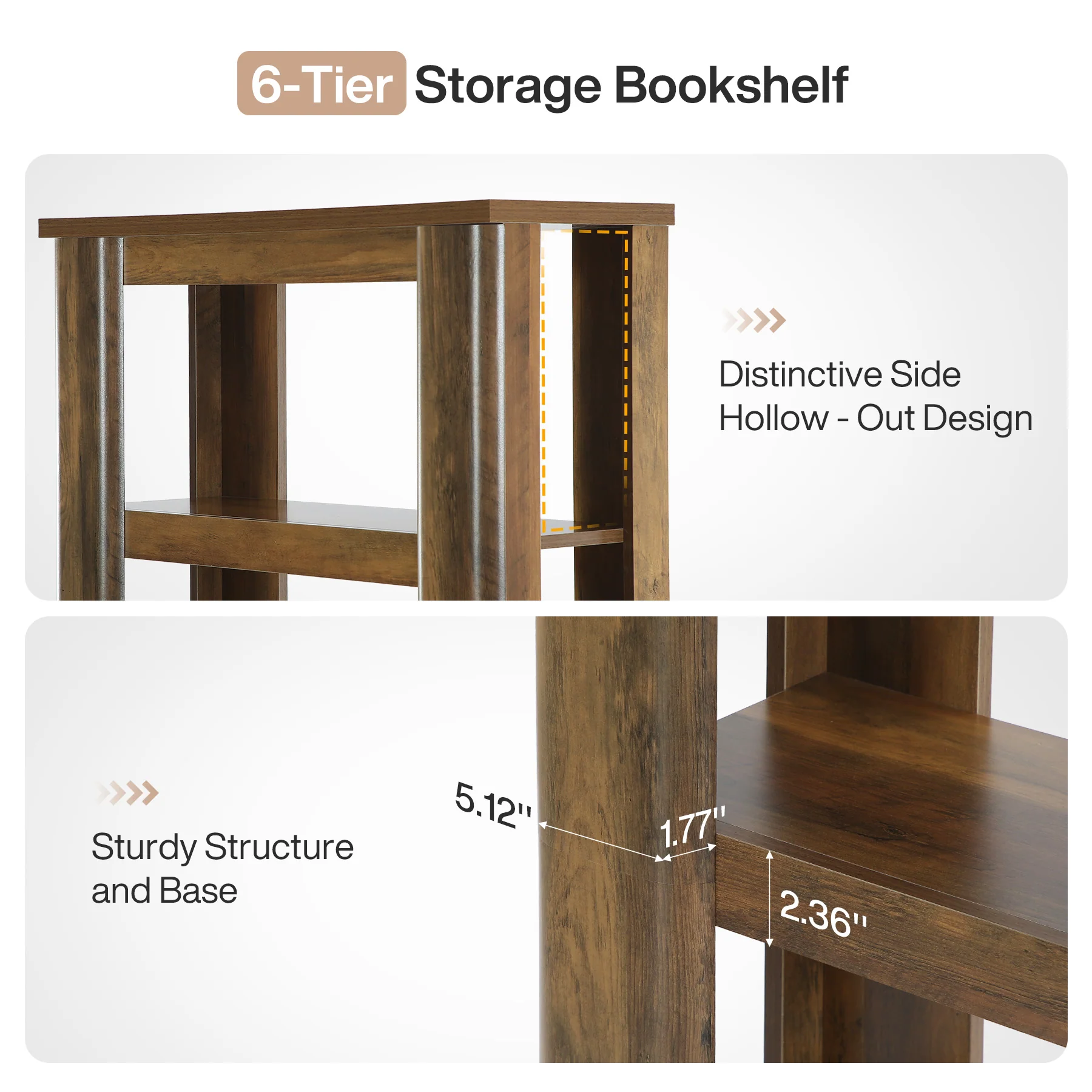 6-Tier Bookshelf, 71" Tall Bookcase Floor Standing Display Storage Shelves - Image 7