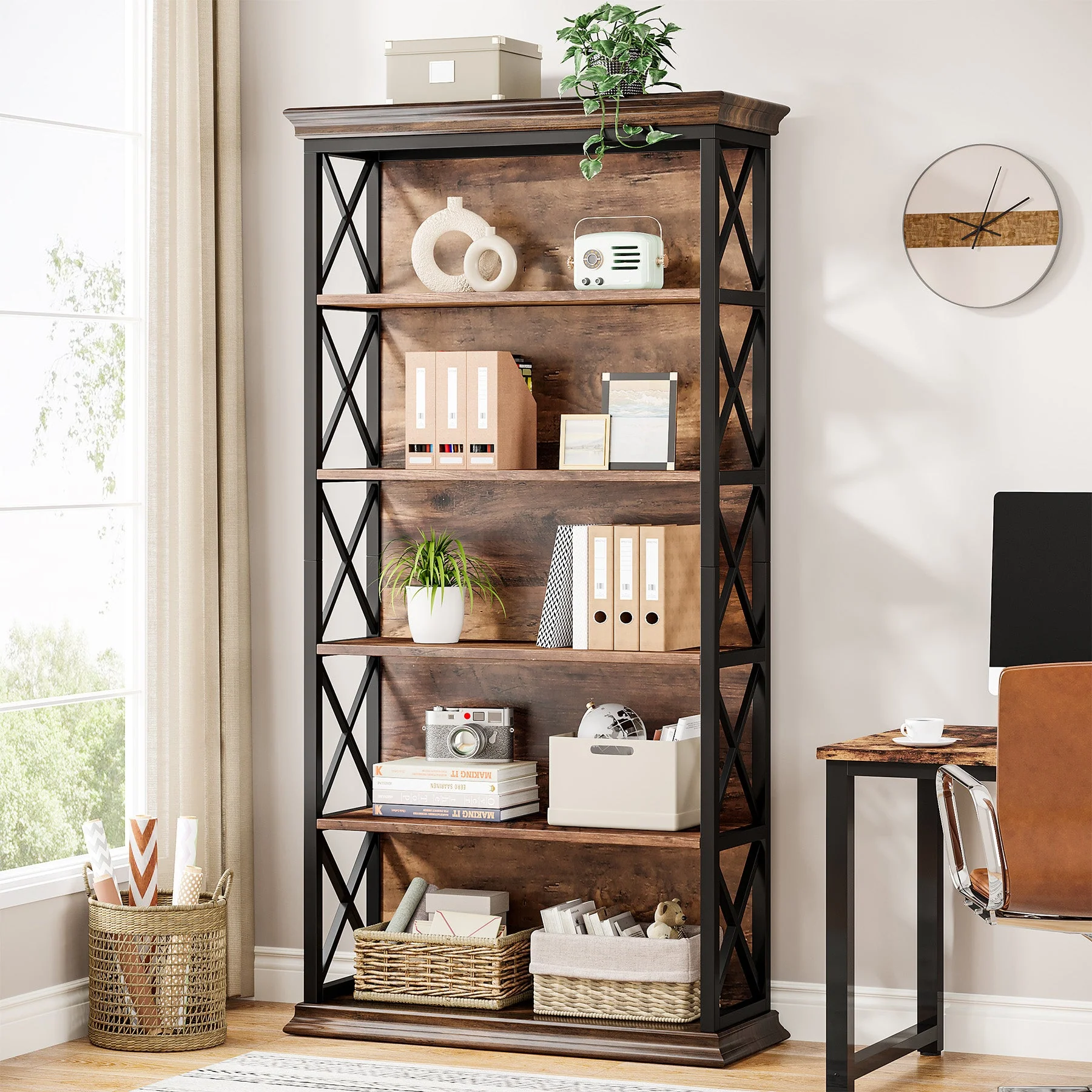 6-Tier Bookshelf, 70.87" Etagere Metal and Wooden Bookcase for Home Office - Image 3