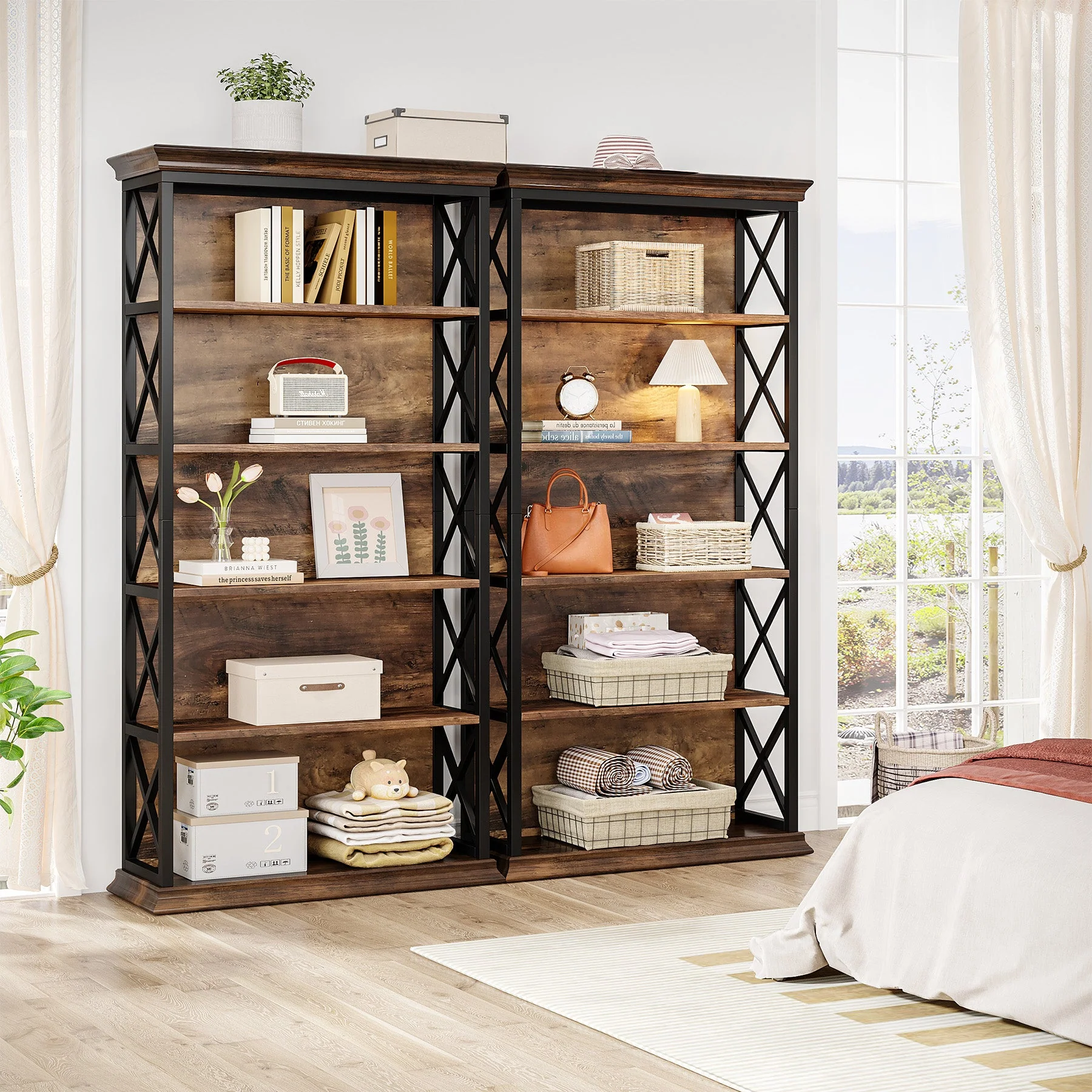 6-Tier Bookshelf, 70.87" Etagere Metal and Wooden Bookcase for Home Office - Image 8