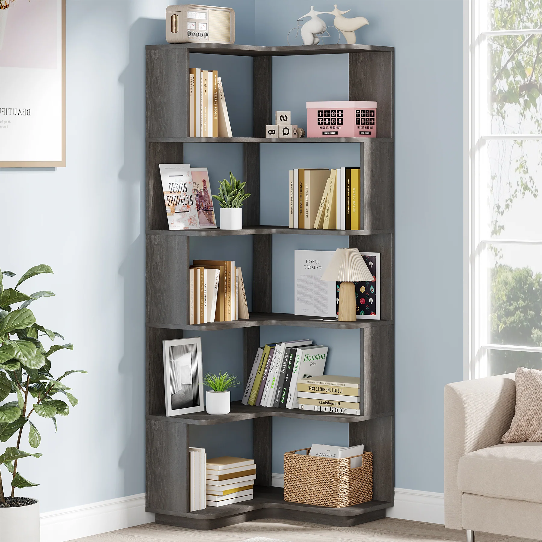 6-Tier Corner Bookshelf, 64.96" Corner Bookcase with Anti-Drop Panel - Image 9