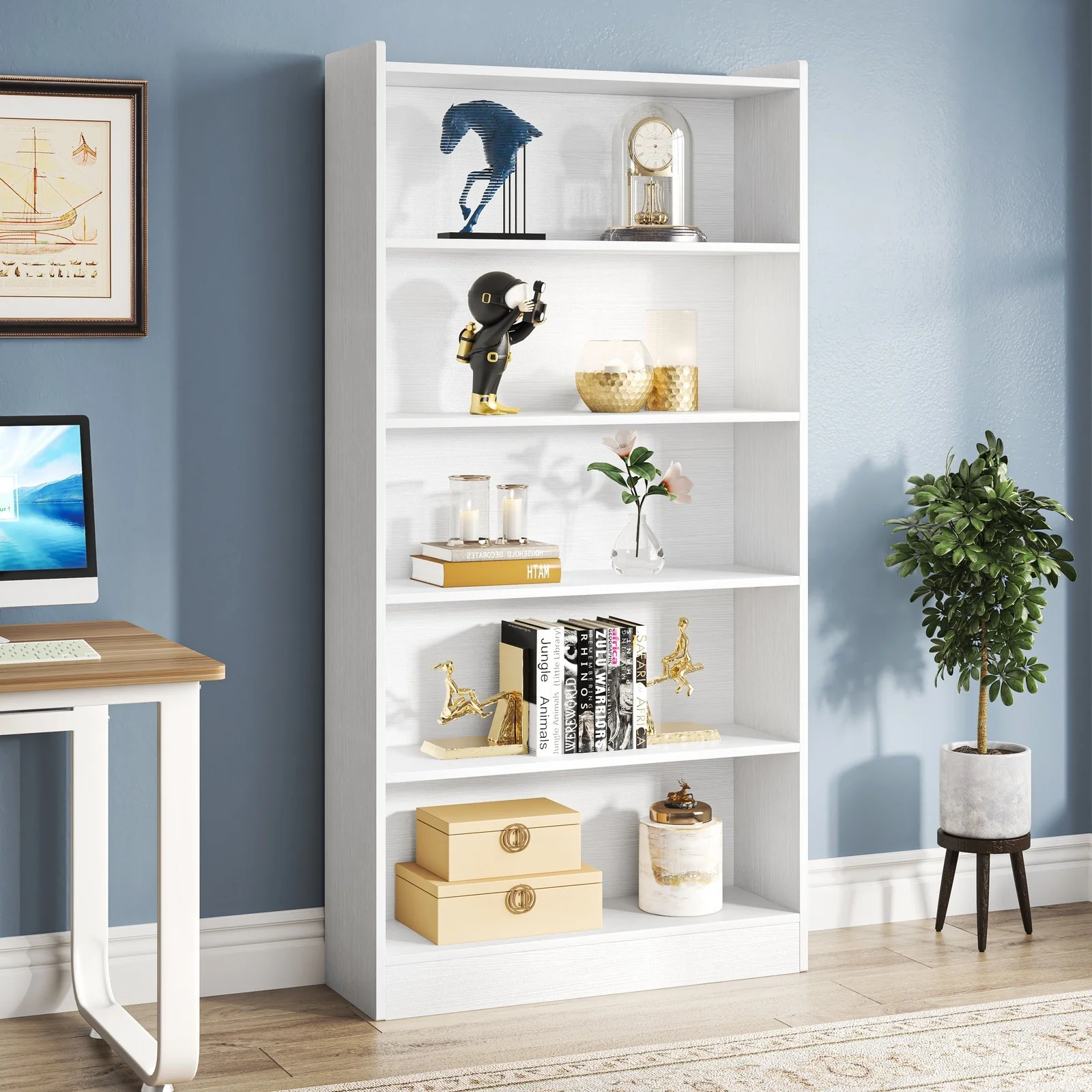 72" Tall Wood Bookcase, 5-Tier Bookshelf Open Shelves