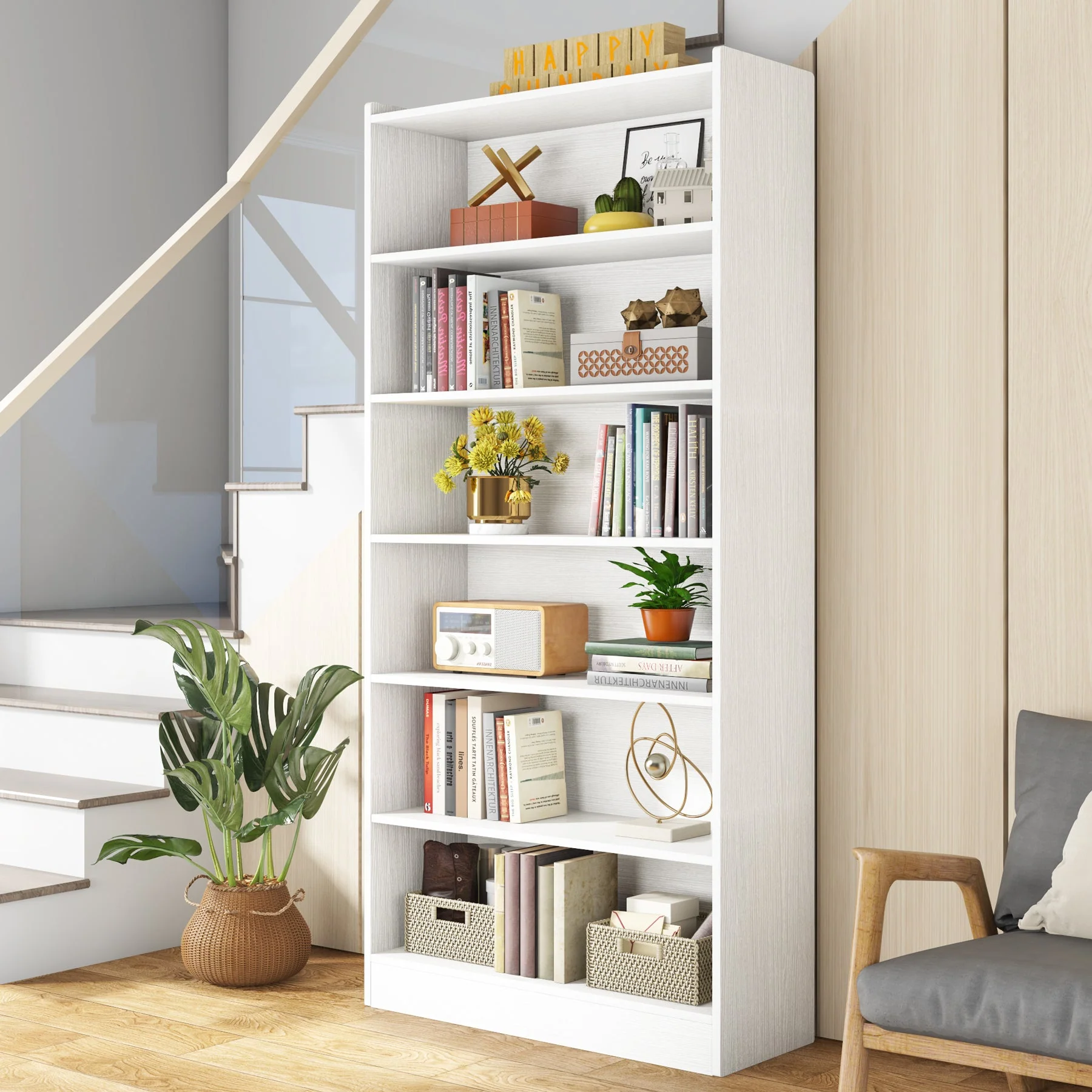 72" Tall Wood Bookcase, 5-Tier Bookshelf Open Shelves - Image 11