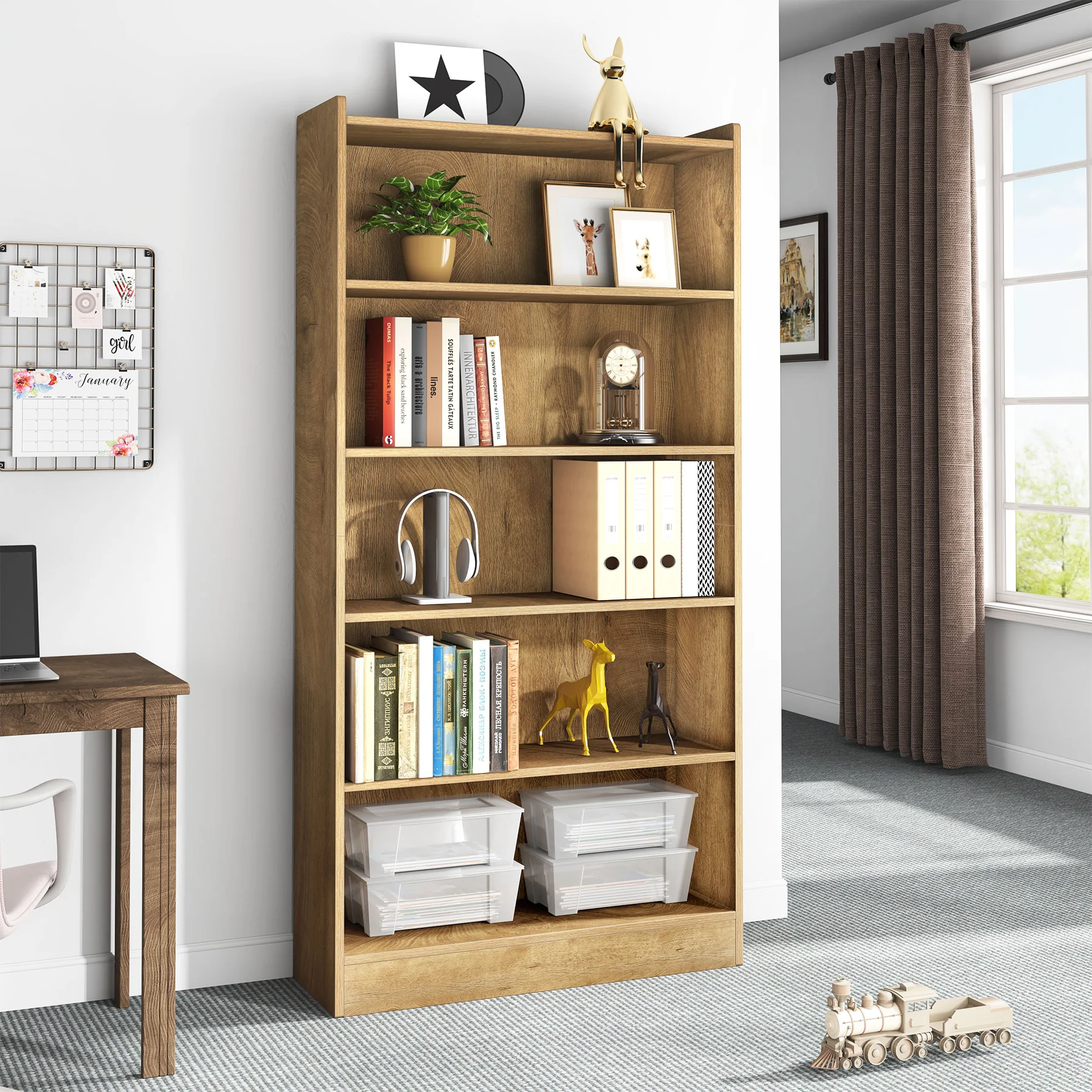 72" Tall Wood Bookcase, 5-Tier Bookshelf Open Shelves - Image 13
