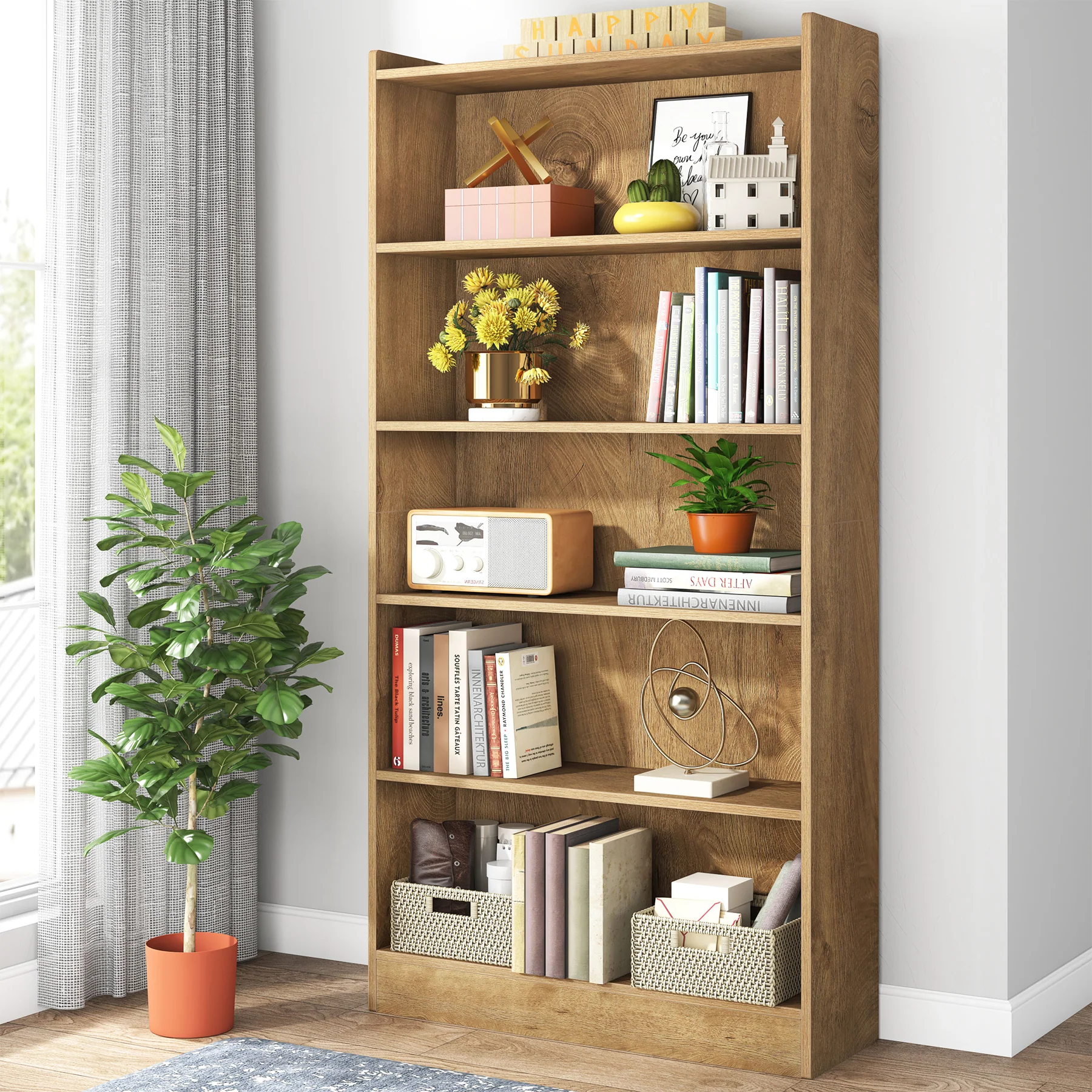 72" Tall Wood Bookcase, 5-Tier Bookshelf Open Shelves - Image 14