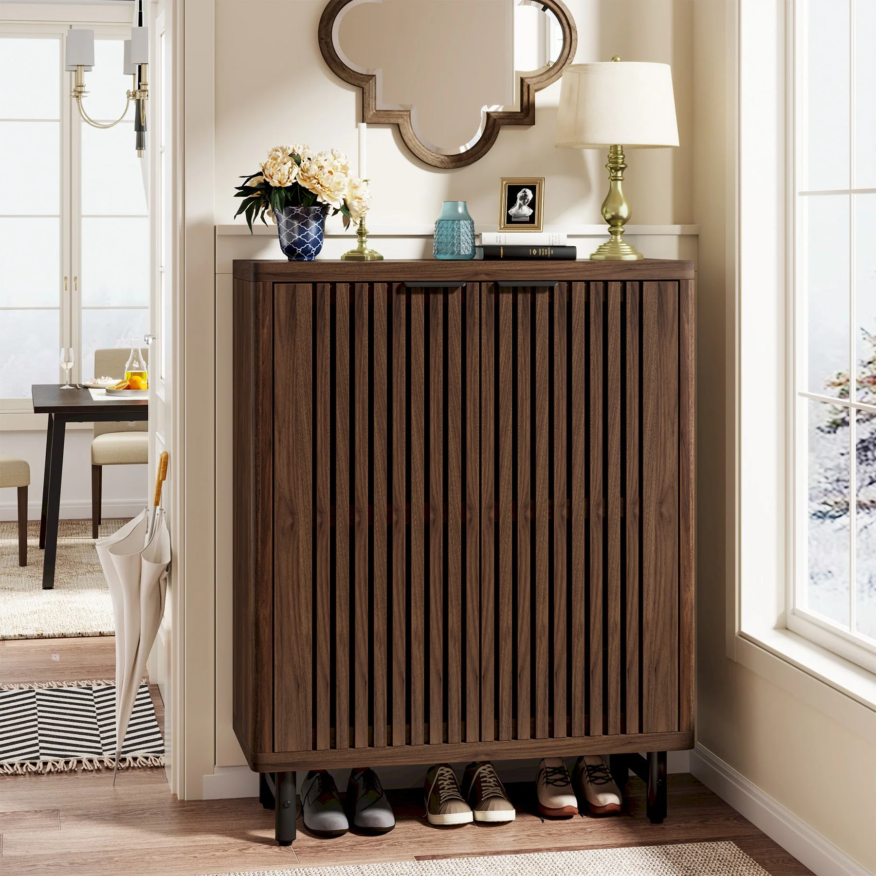 6-Tier Wooden Shoe Cabinet with Louvered Doors & Adjustable Shelves - Image 10
