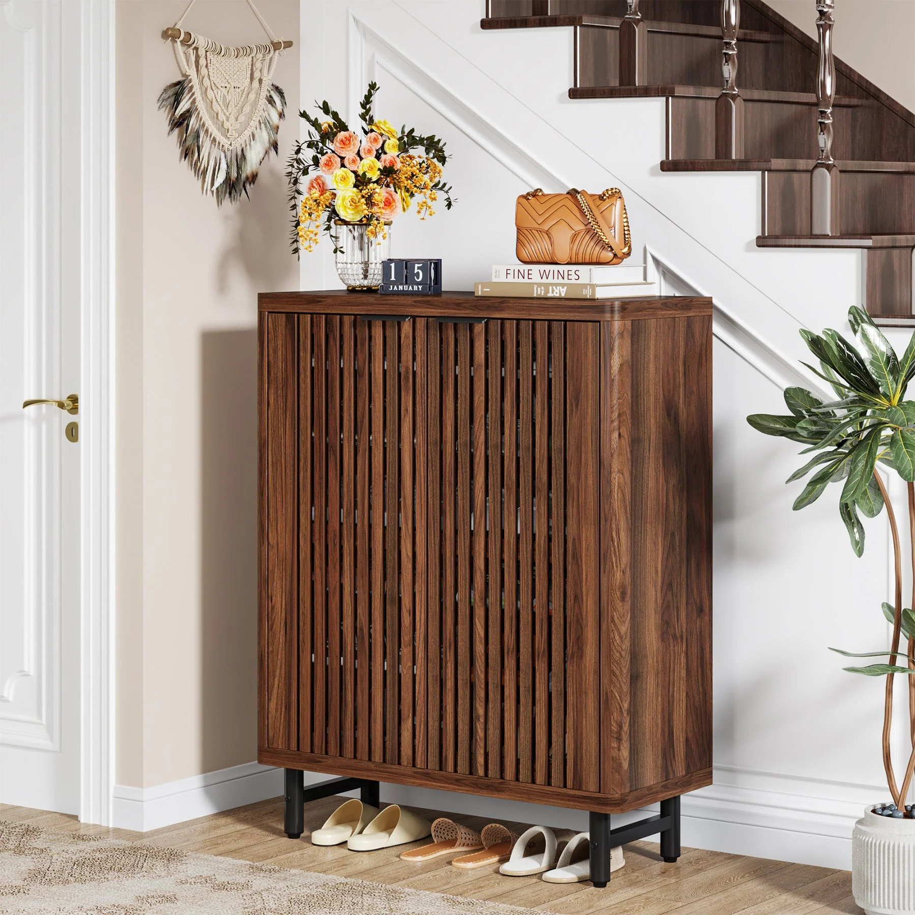 6-Tier Wooden Shoe Cabinet with Louvered Doors & Adjustable Shelves - Image 3