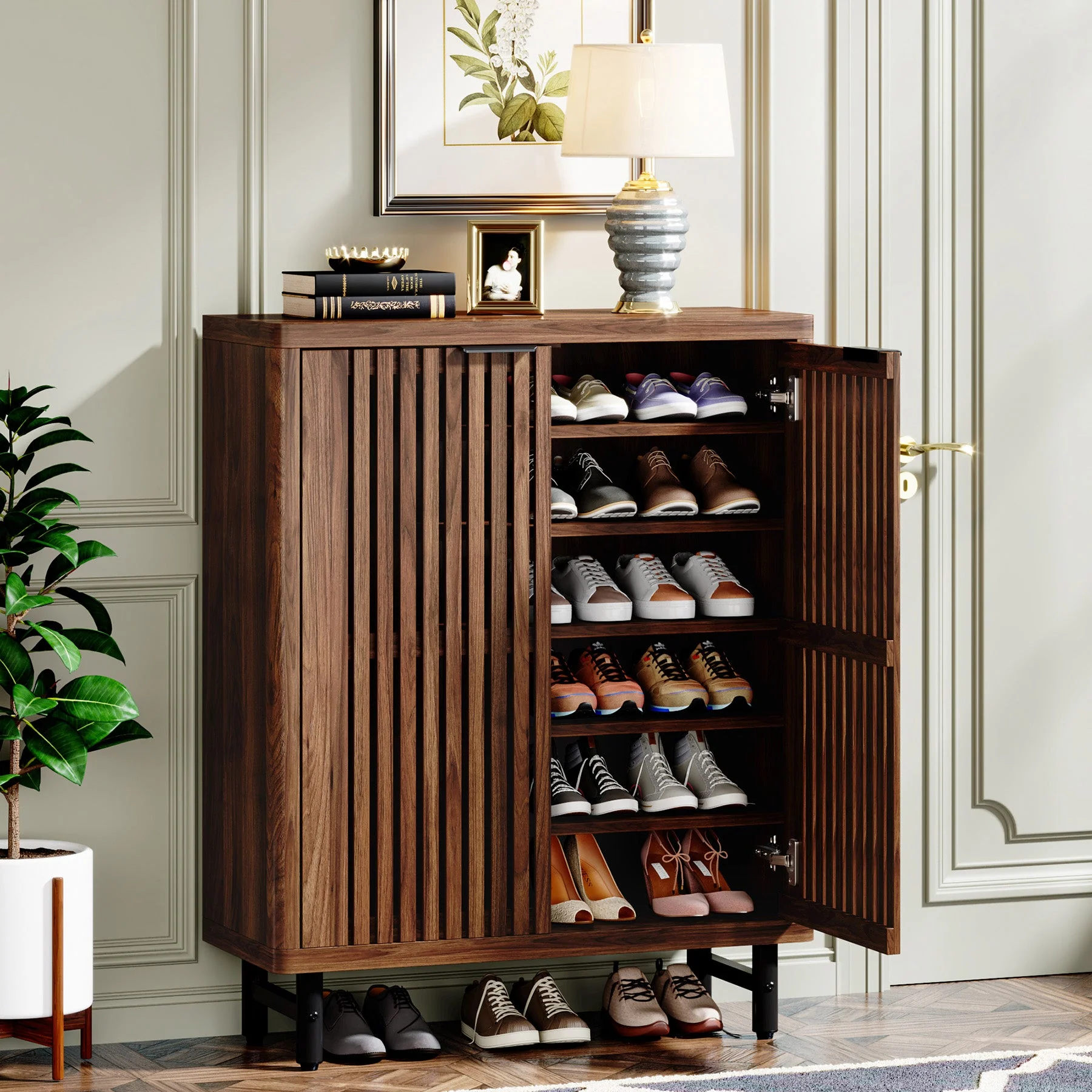 6-Tier Wooden Shoe Cabinet with Louvered Doors & Adjustable Shelves - Image 4
