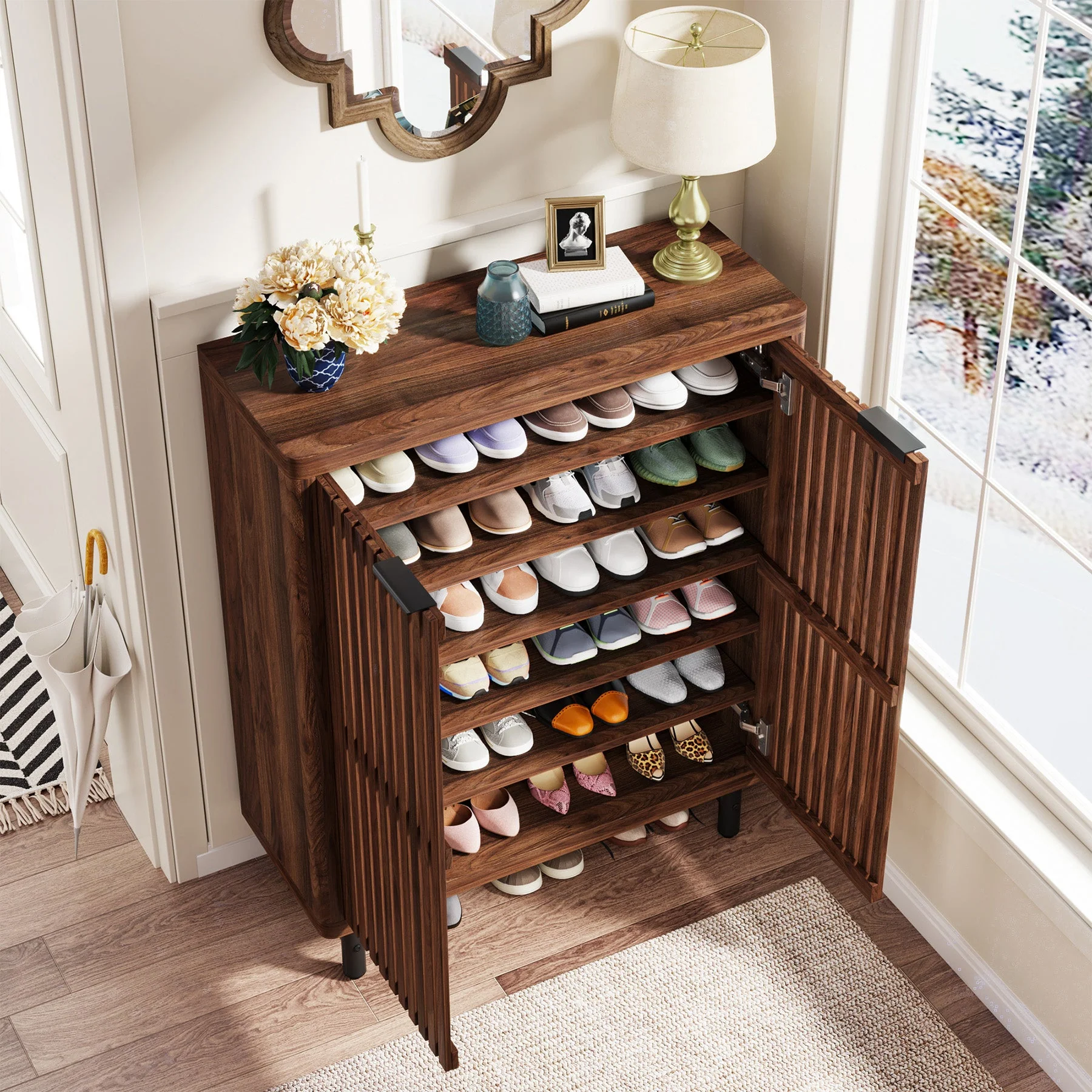 6-Tier Wooden Shoe Cabinet with Louvered Doors & Adjustable Shelves - Image 5