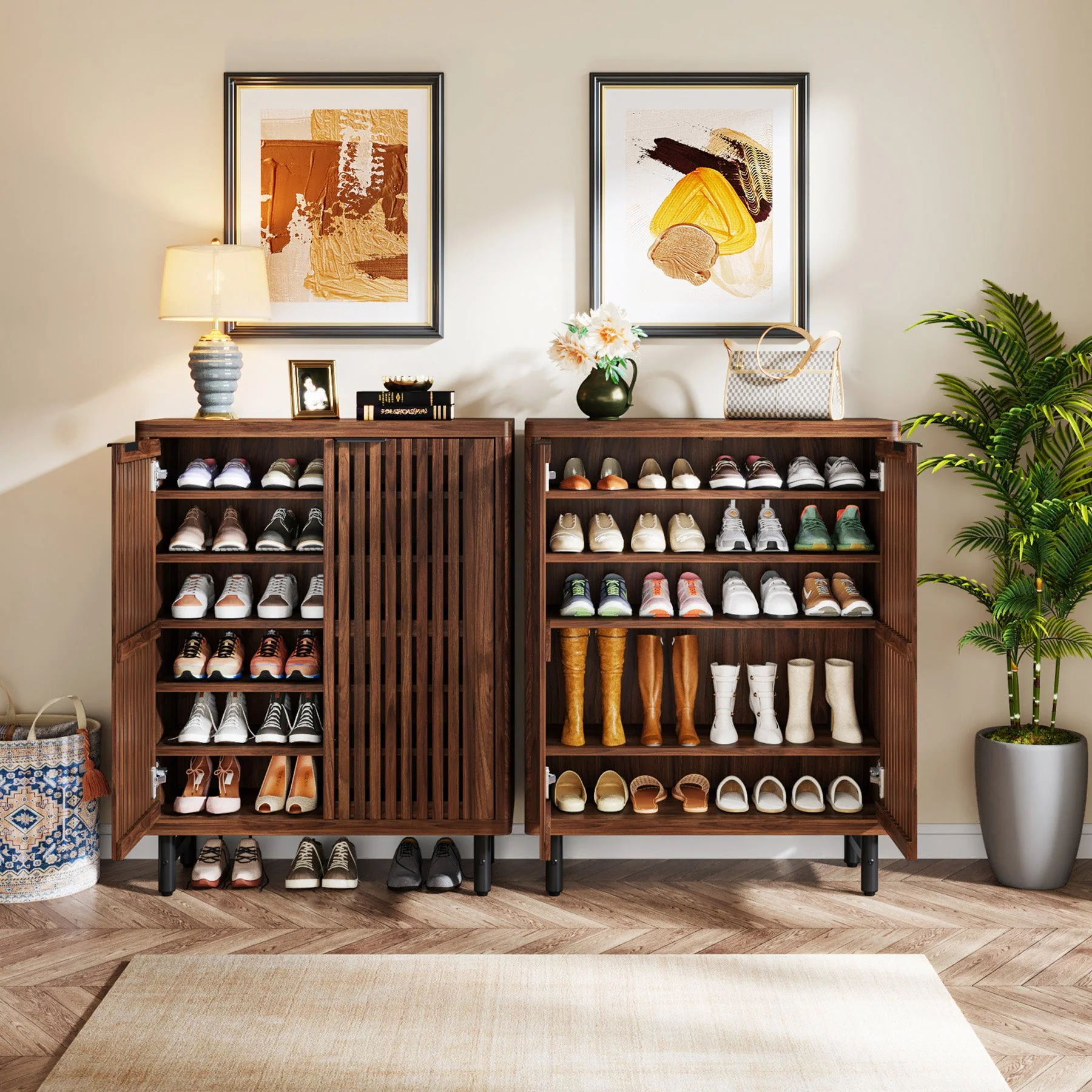 6-Tier Wooden Shoe Cabinet with Louvered Doors & Adjustable Shelves - Image 6