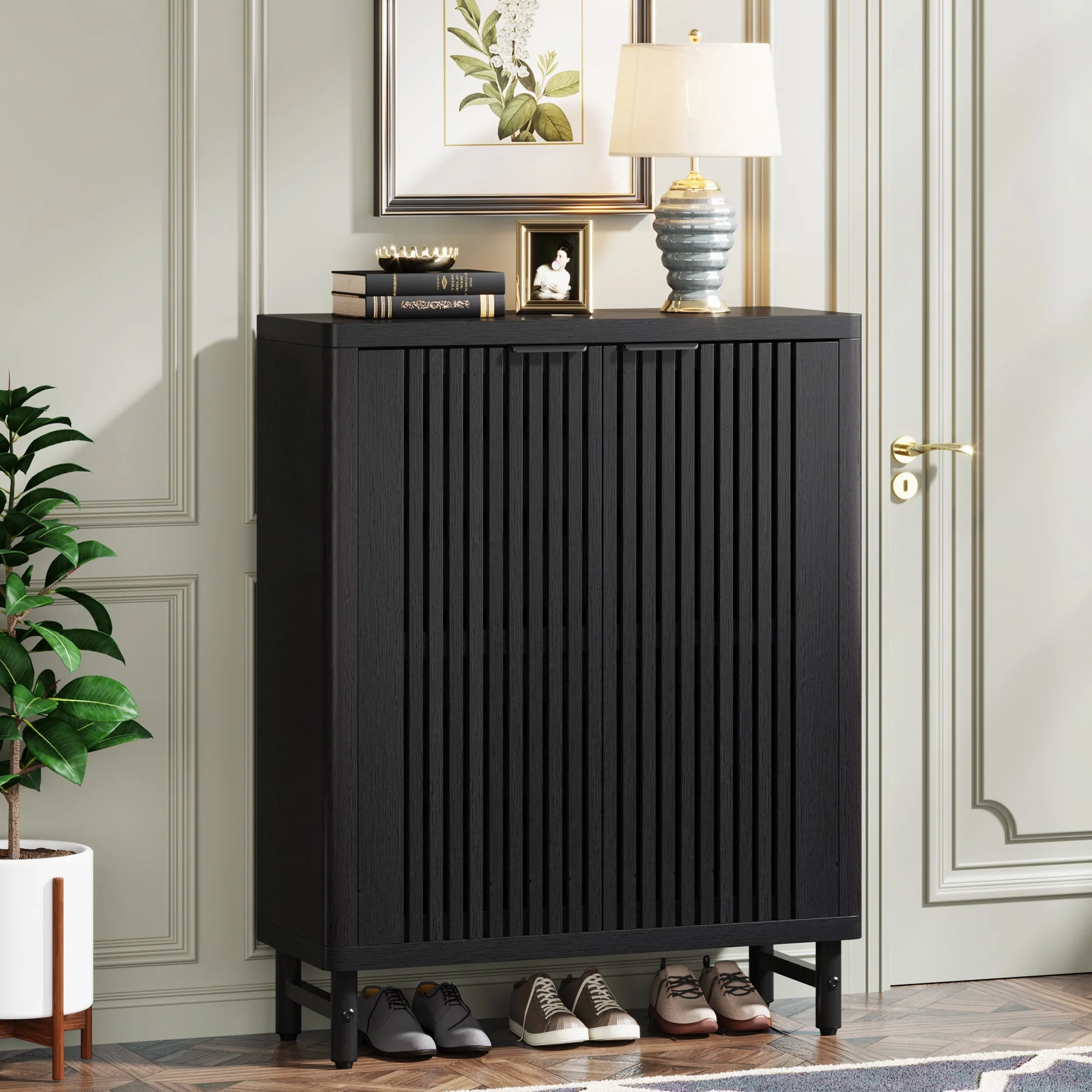 6-Tier Wooden Shoe Cabinet with Louvered Doors & Adjustable Shelves - Image 8