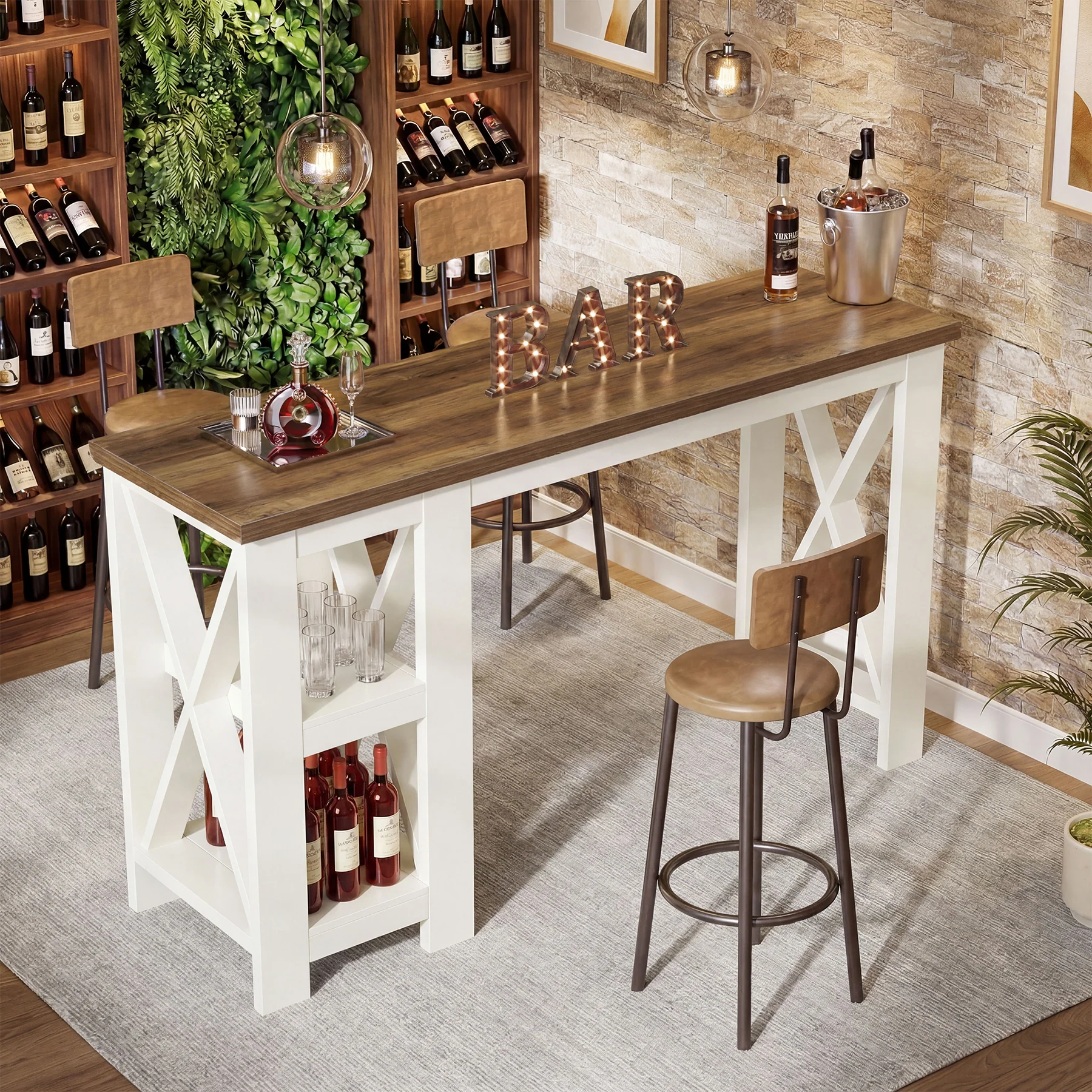 62.2" Bar Table with Storage Shelves, Farmhouse Counter Height Pub Table for Kitchen - Image 3