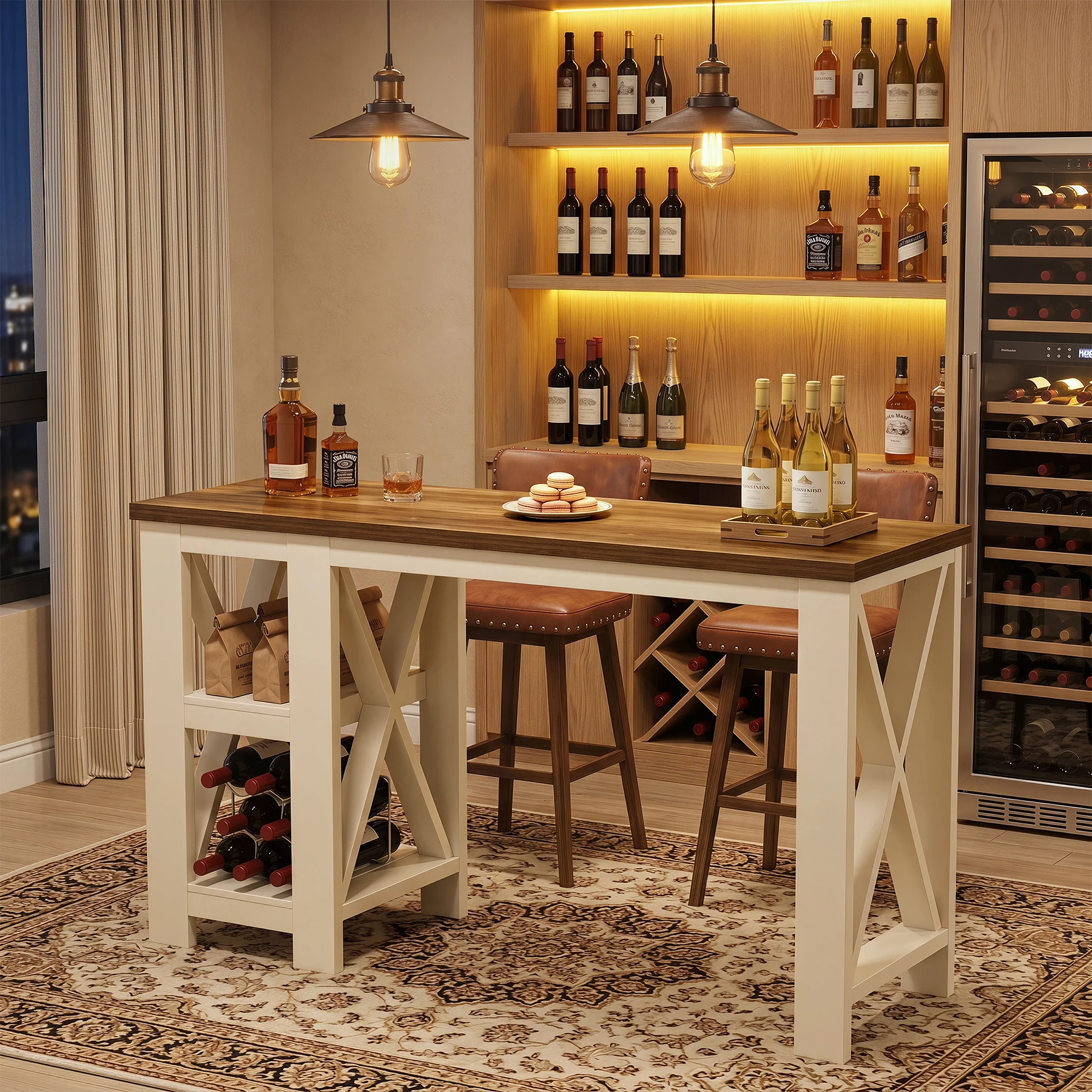 62.2" Bar Table with Storage Shelves, Farmhouse Counter Height Pub Table for Kitchen - Image 6