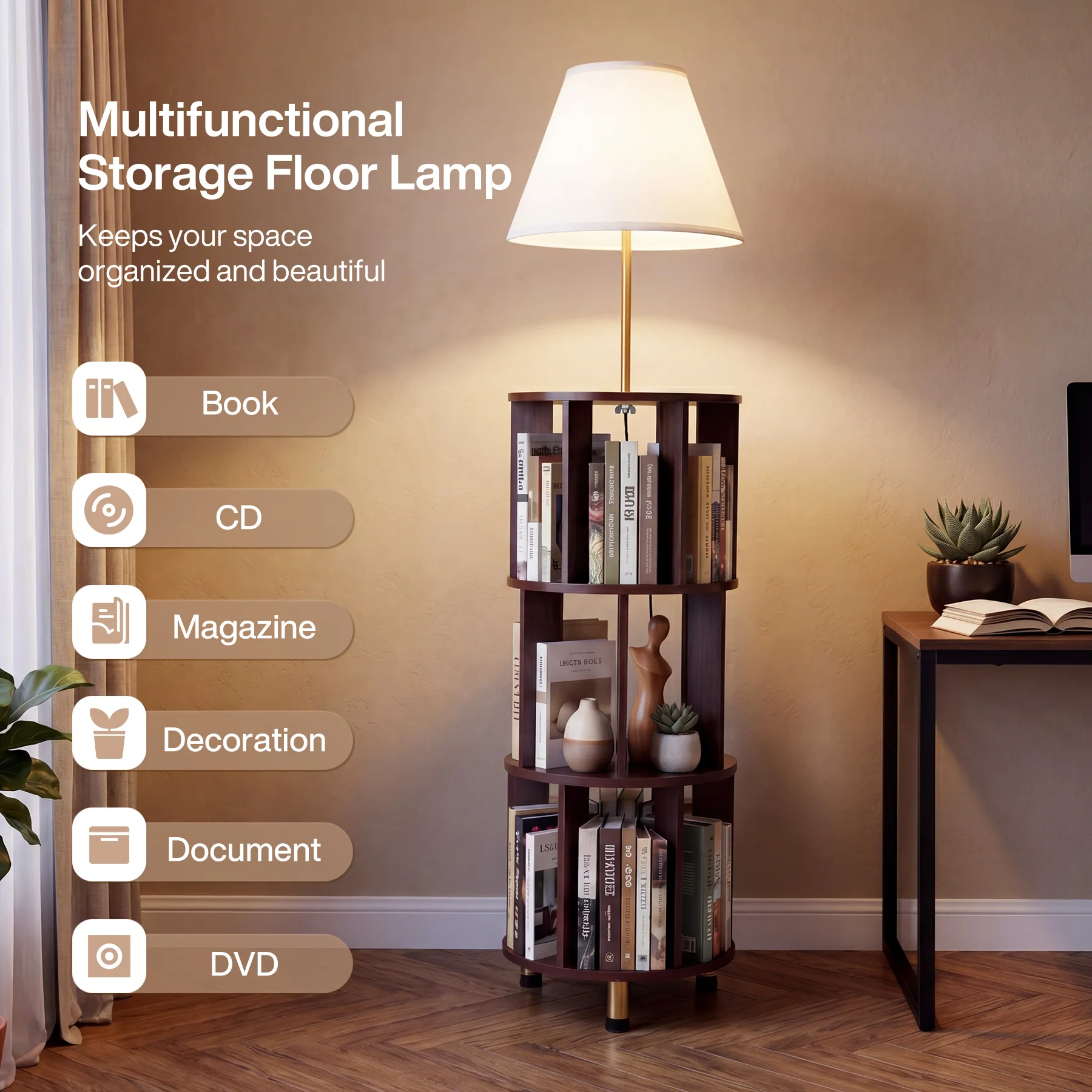 Floor Lamp with 3-Tier Open Bookshelf, 62.2" Tall Standing Lamp for Home Office - Image 7